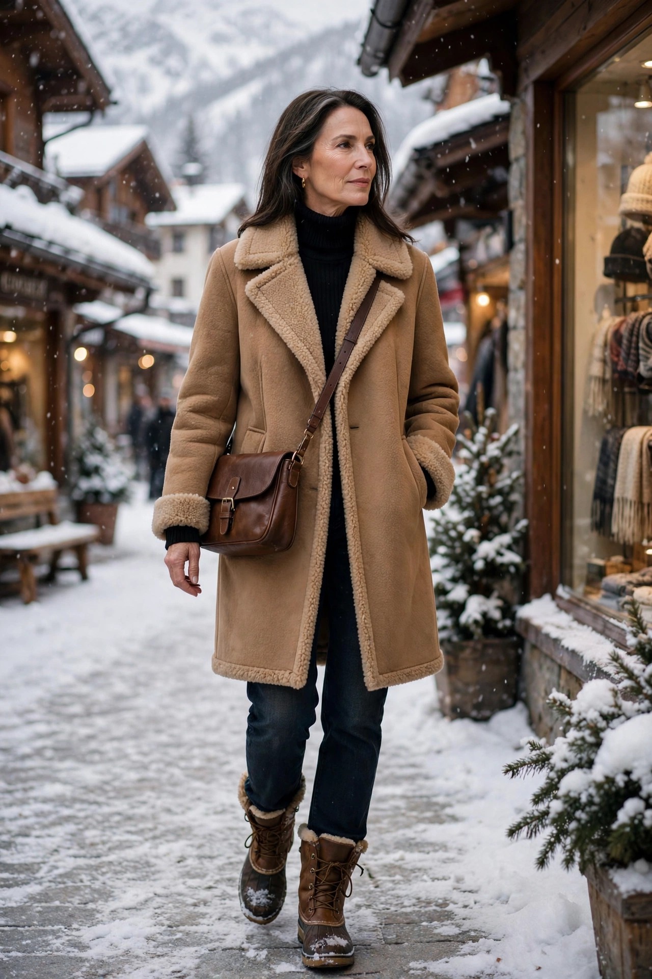 Woman in her 50s in a camel shearling coat and black turtleneck in a ski village