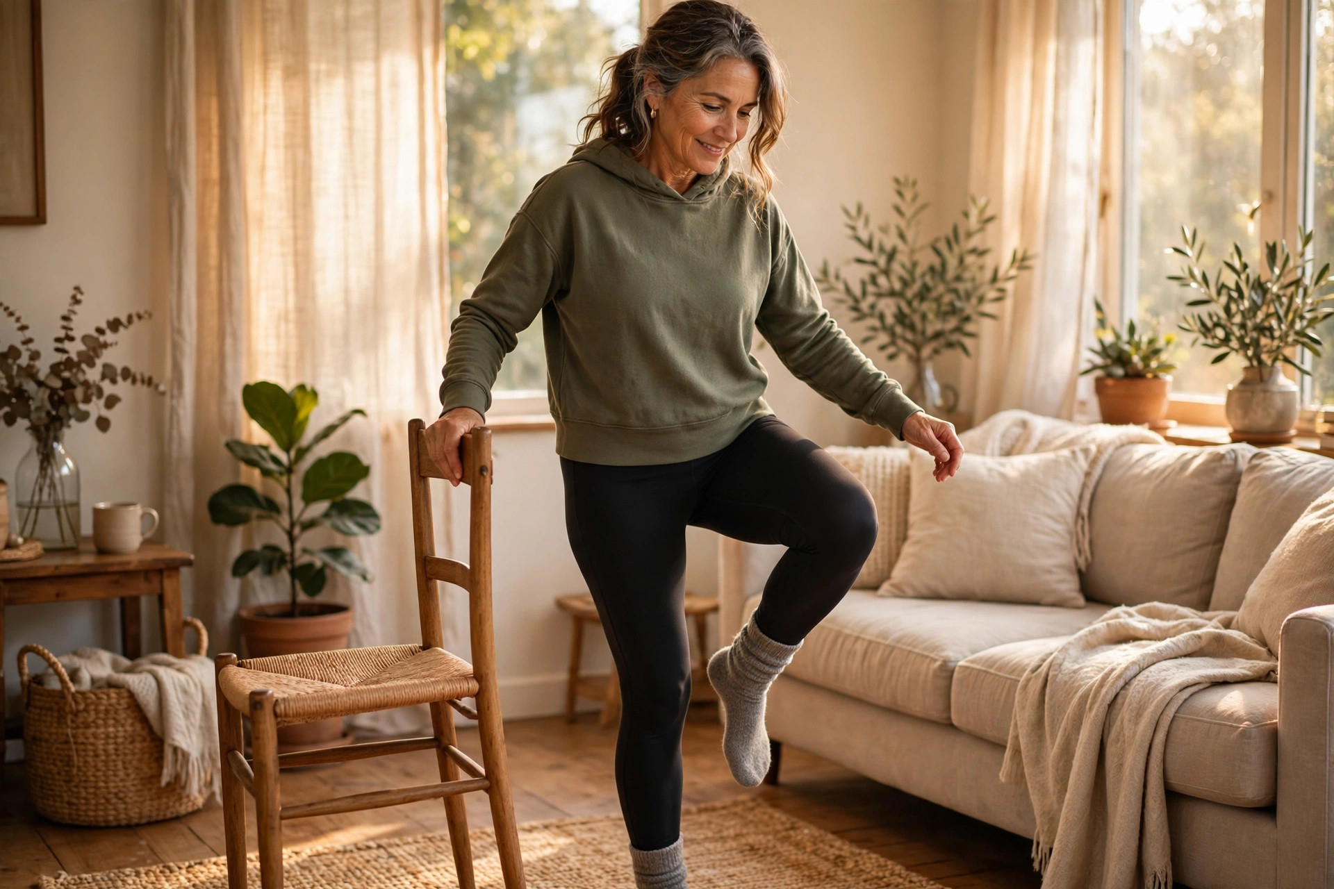 Woman in her 50s doing single-leg stand