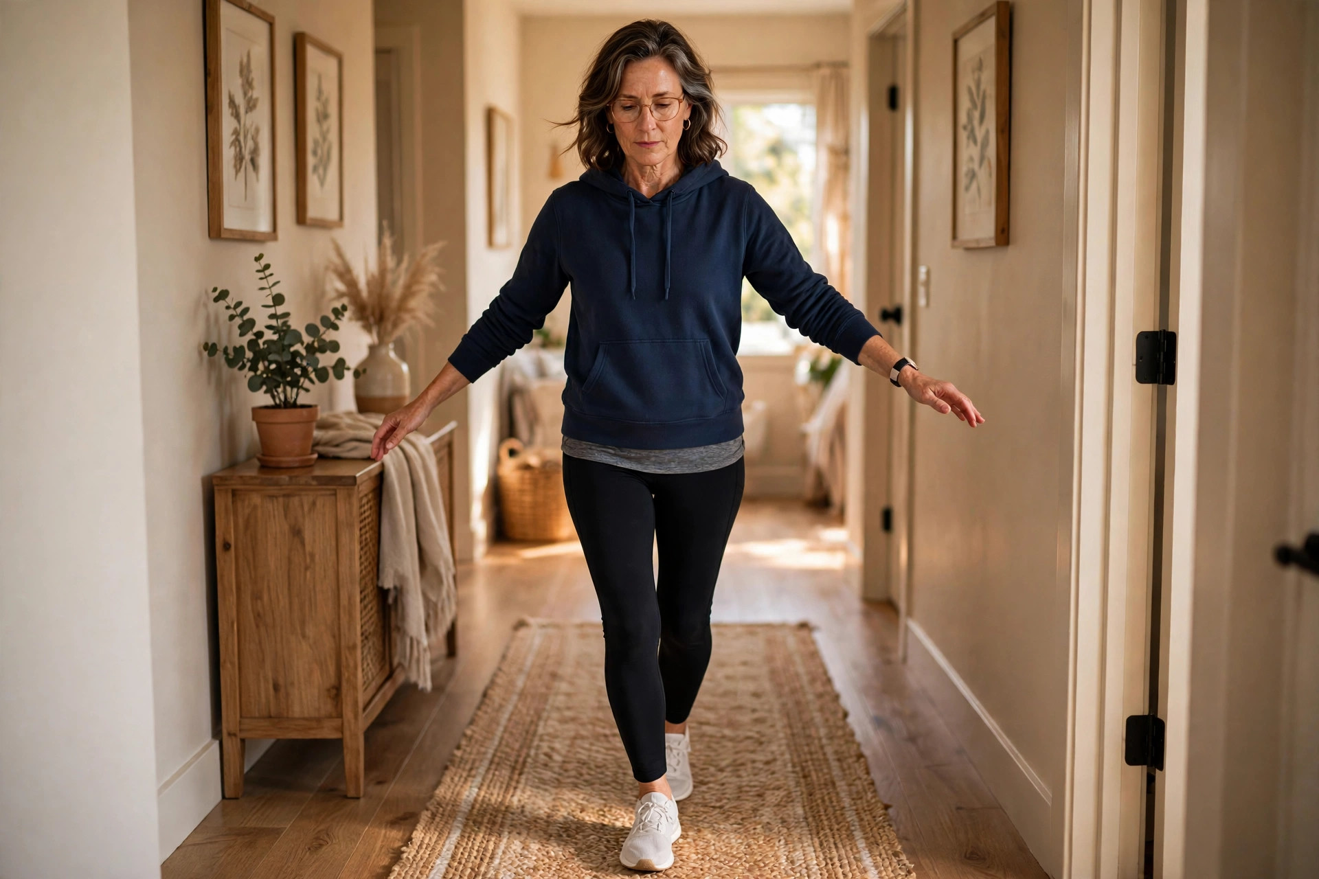 Woman in her 50s doing heel-to-toe walk