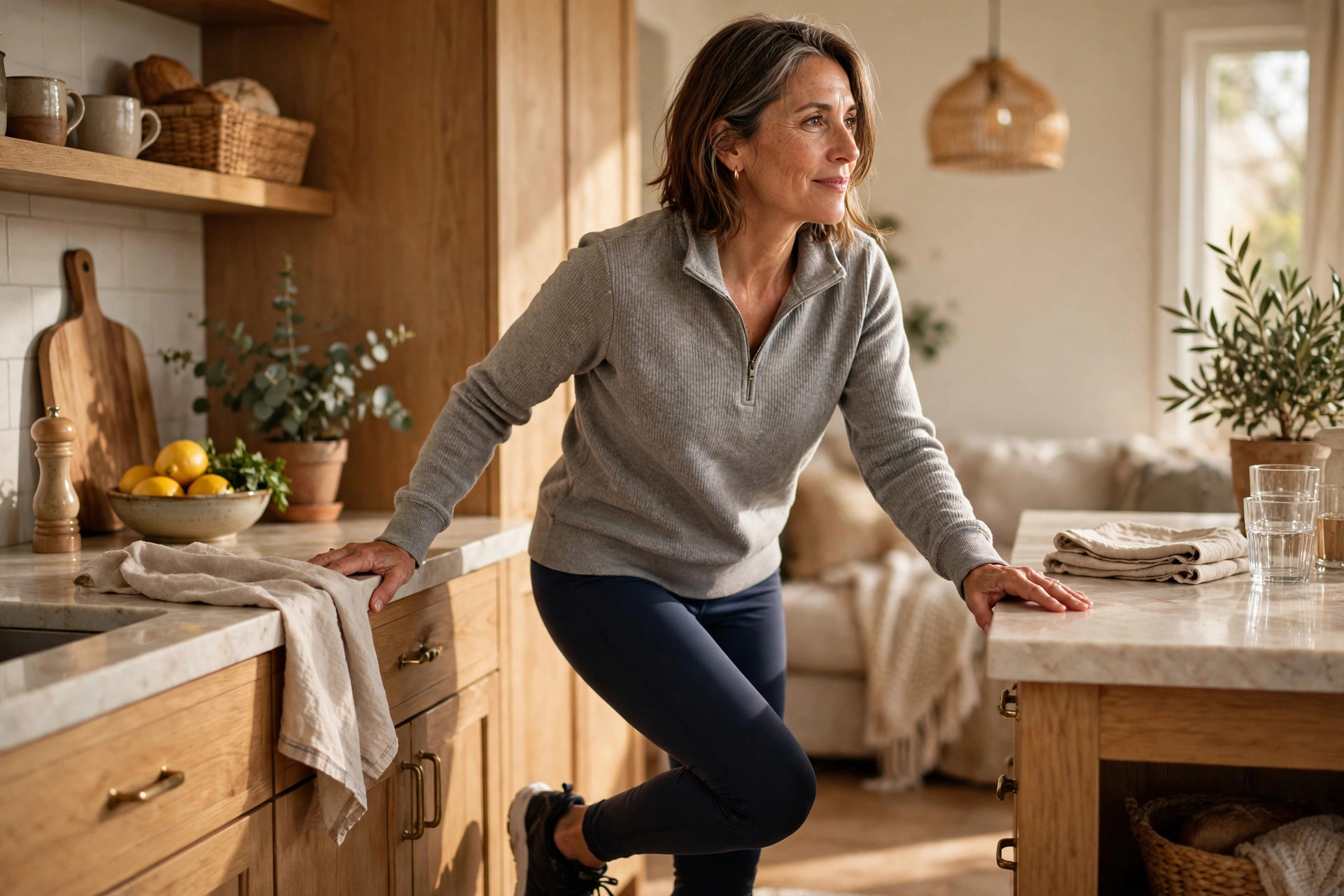 Woman in her 50s doing side steps at a counter