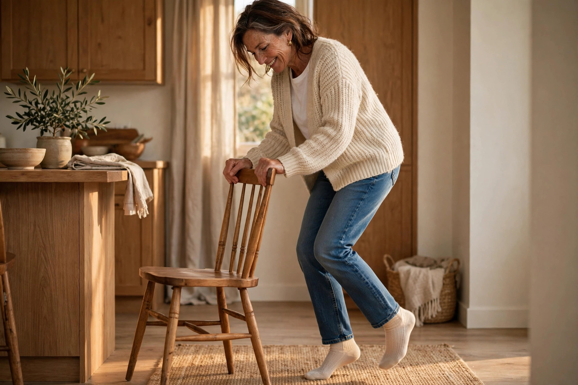 Woman in her 50s rocking from toes to heels