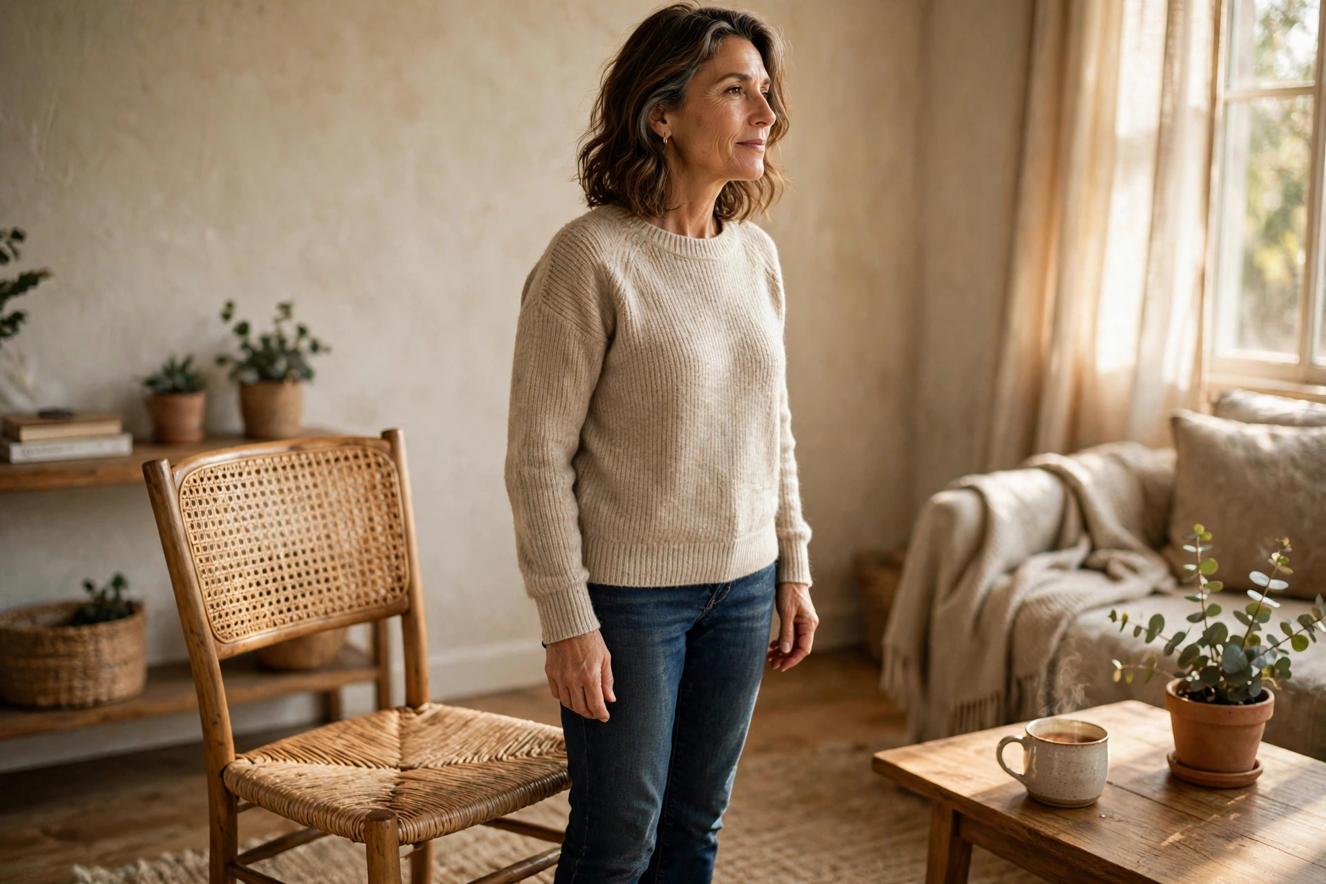 Woman in her 50s rising from a chair without hands