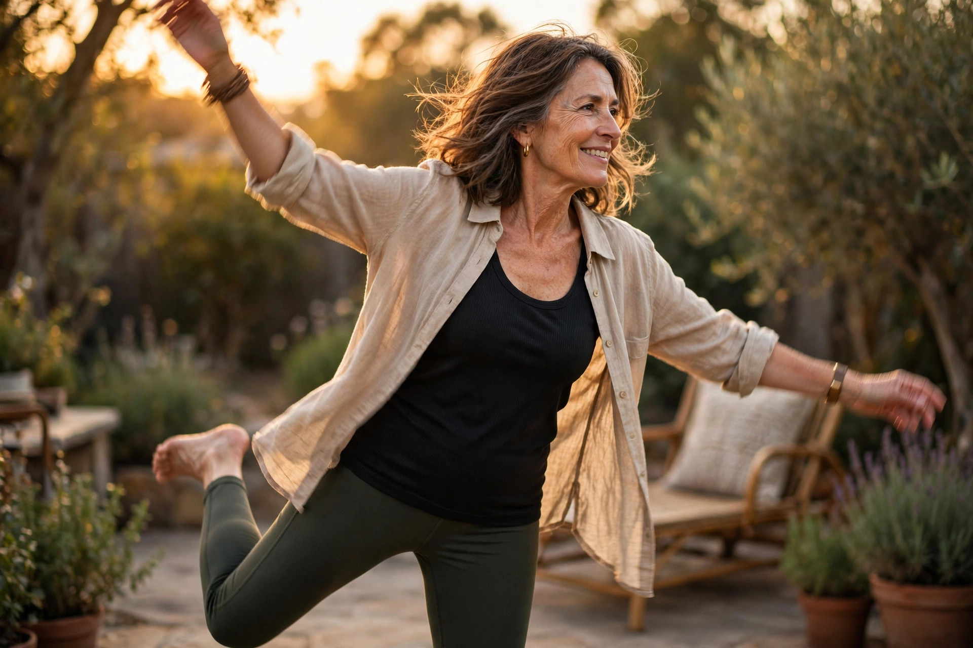 Woman in her 50s standing on one leg moving arms