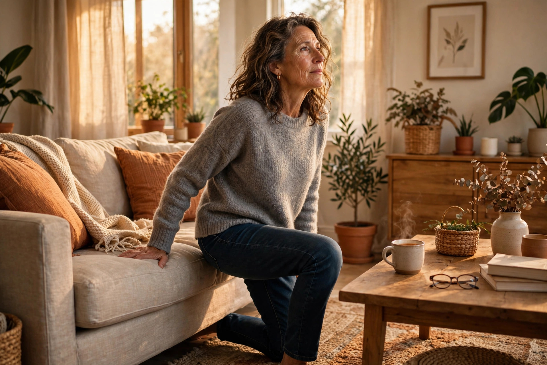 Woman in her 50s rising from kneeling to standing