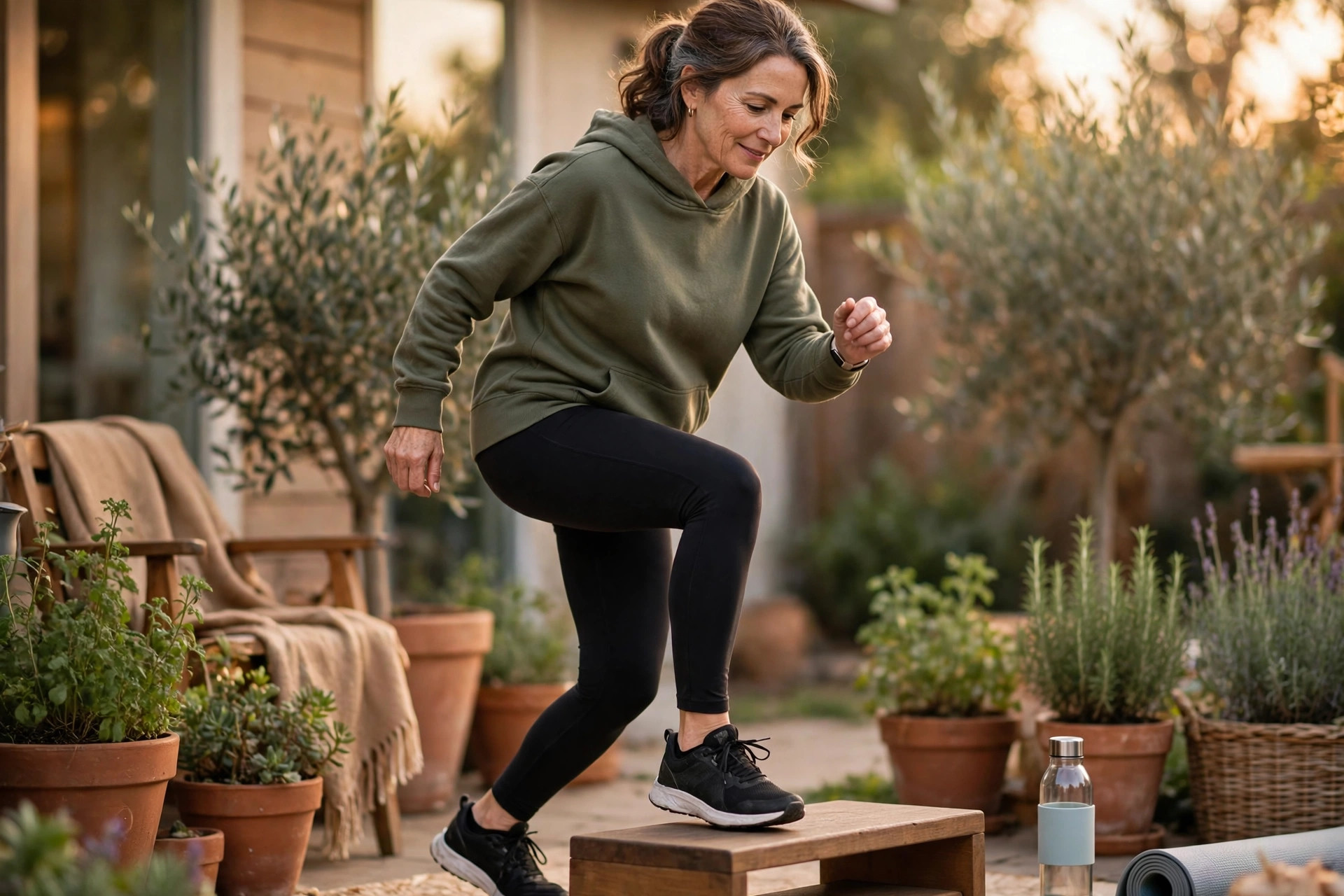 Woman in her 50s doing step taps on a step