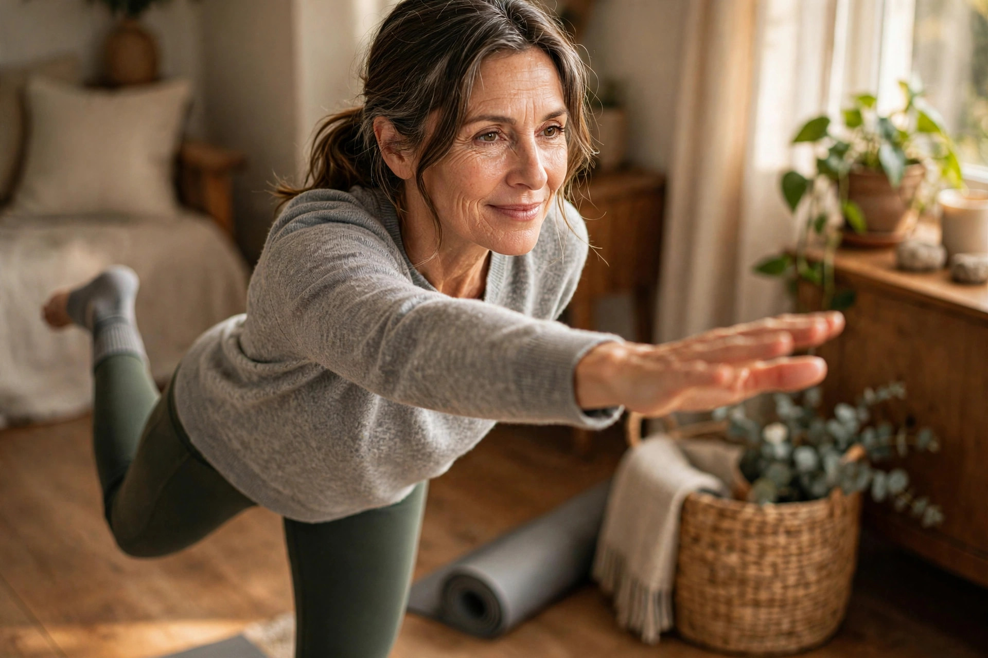 Woman in her 50s doing clock reach exercise