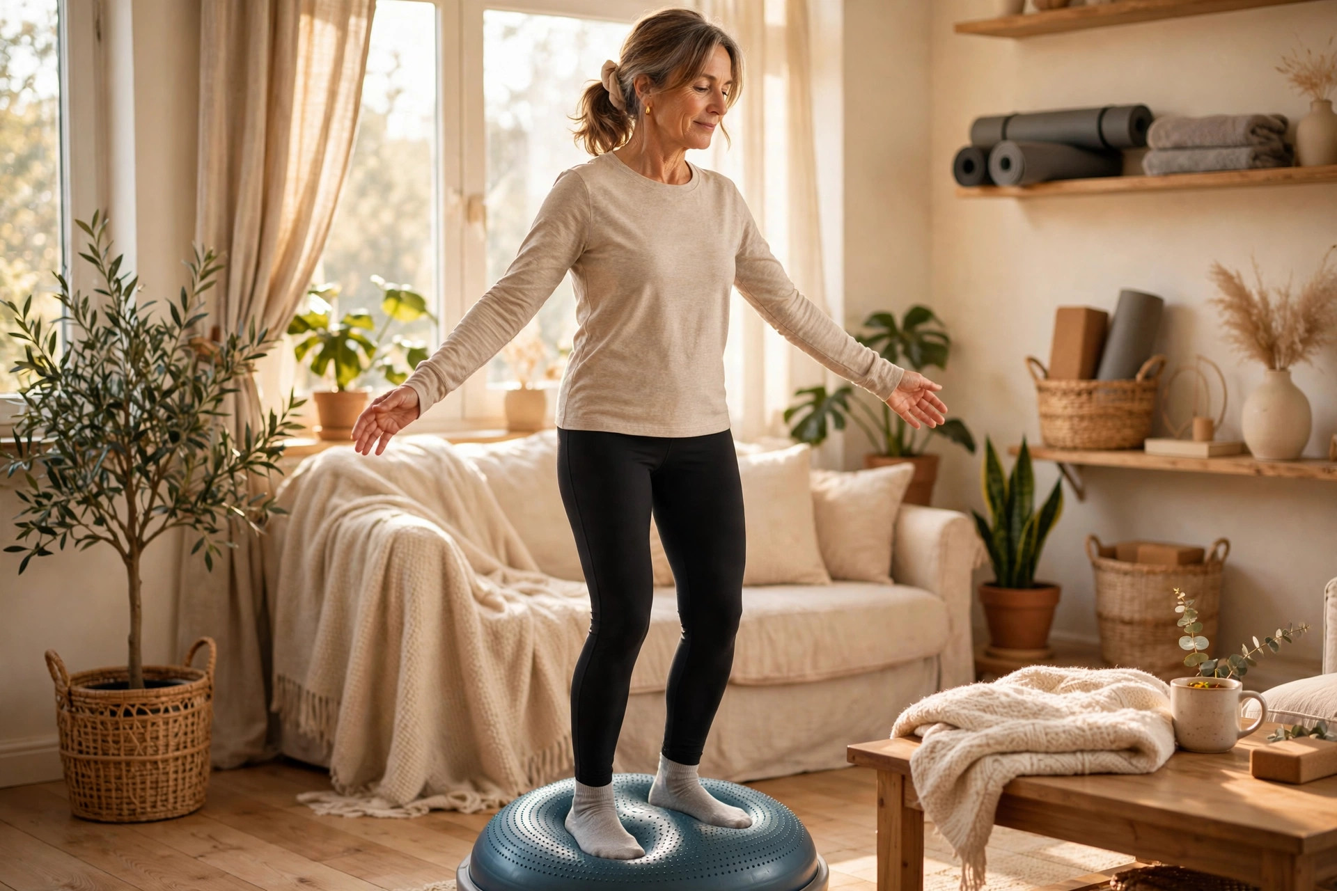 Woman in her 50s standing on a cushion