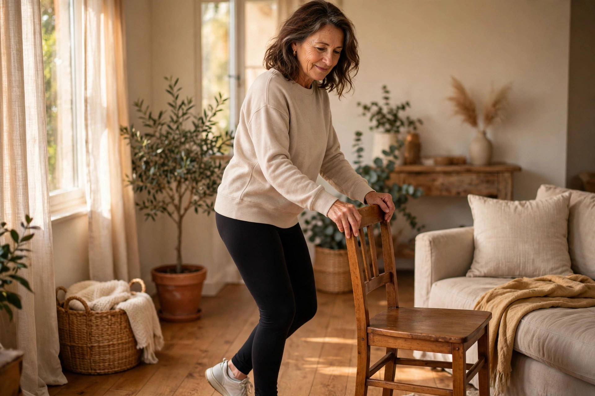 Woman in her 50s doing standing hip circles