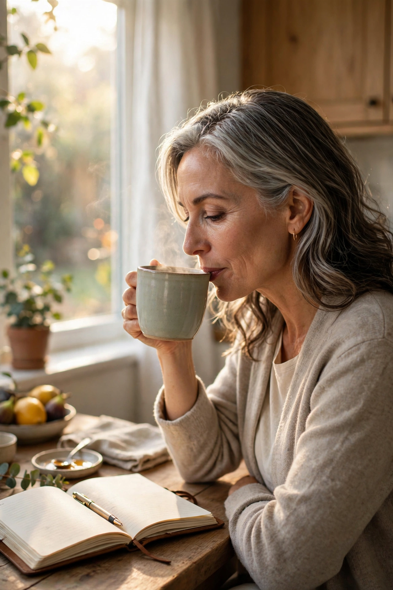 Woman over 50 starting her day with morning tea and a journal by a sunny window