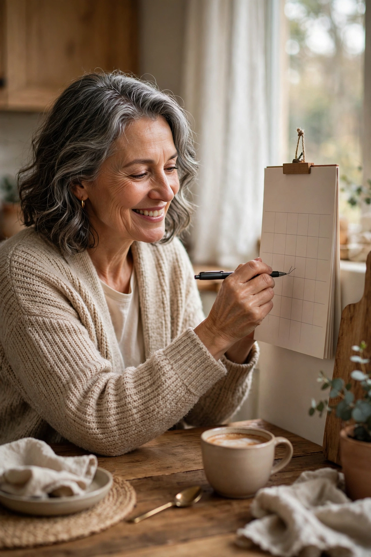 Woman in her fifties writing self-care time into a wall calendar at the kitchen table