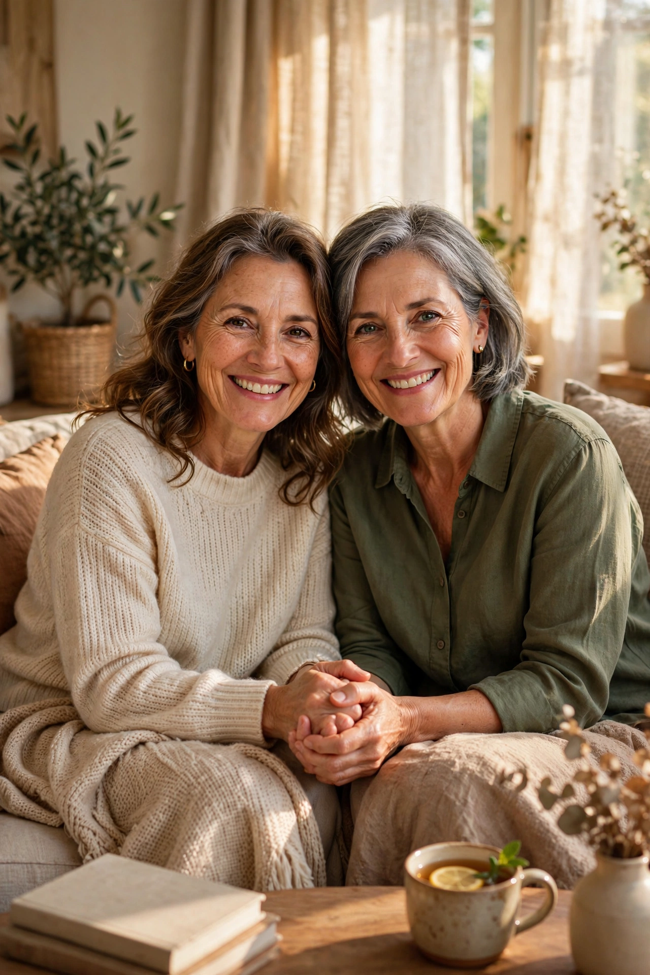 Two sisters in their fifties holding hands on a sofa, sharing the care of aging parents