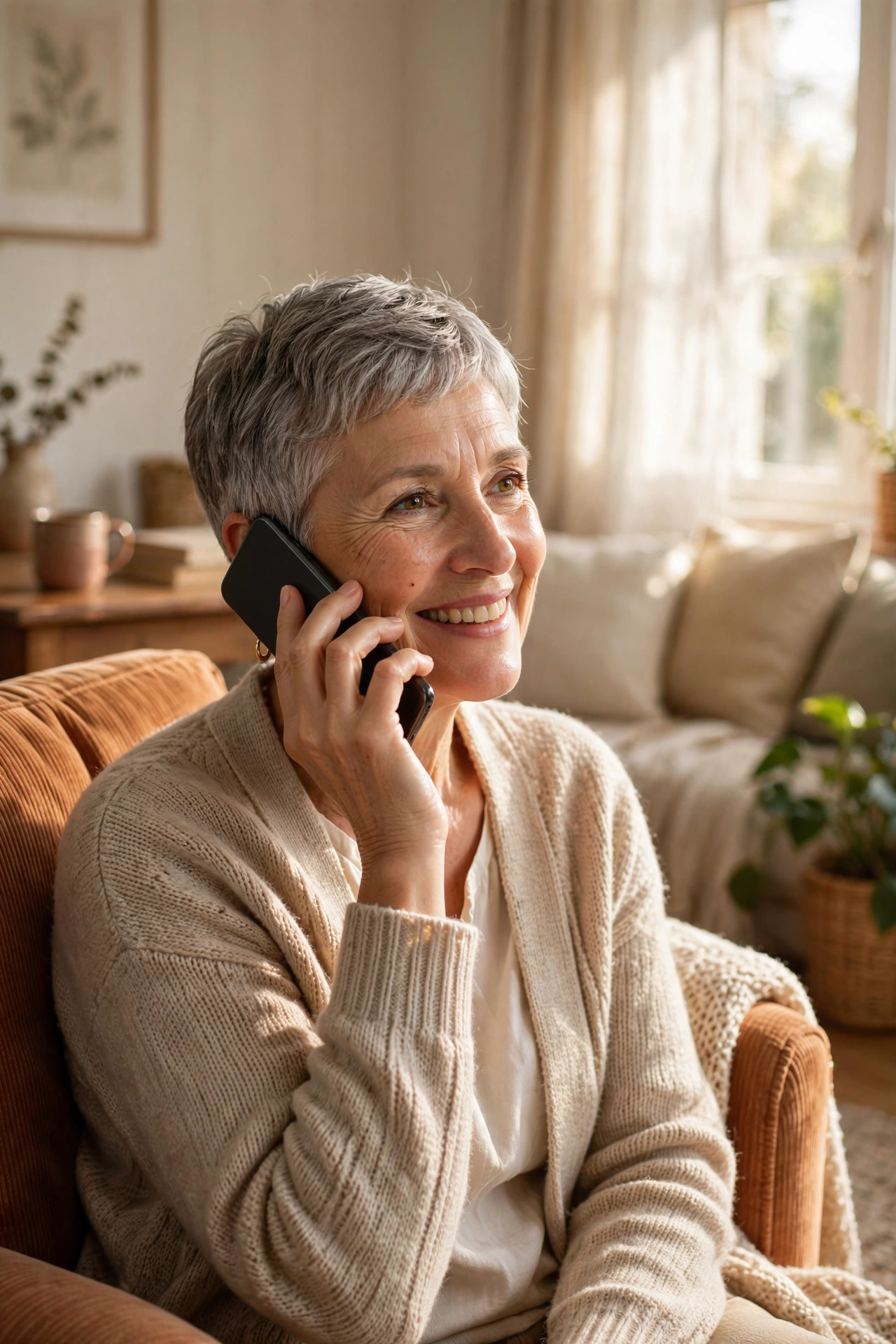 Smiling older woman on the phone, reaching out to ask for help with caregiving