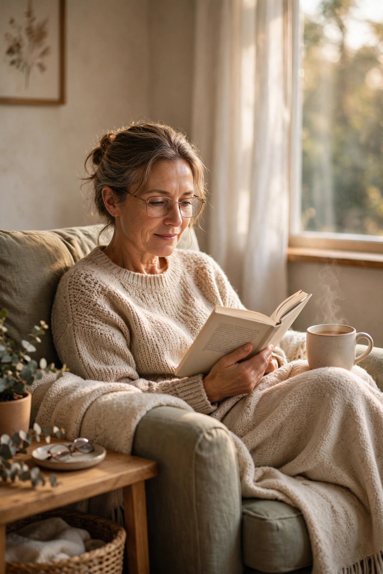 Woman in her fifties relaxing alone with a book and tea in a sunny armchair