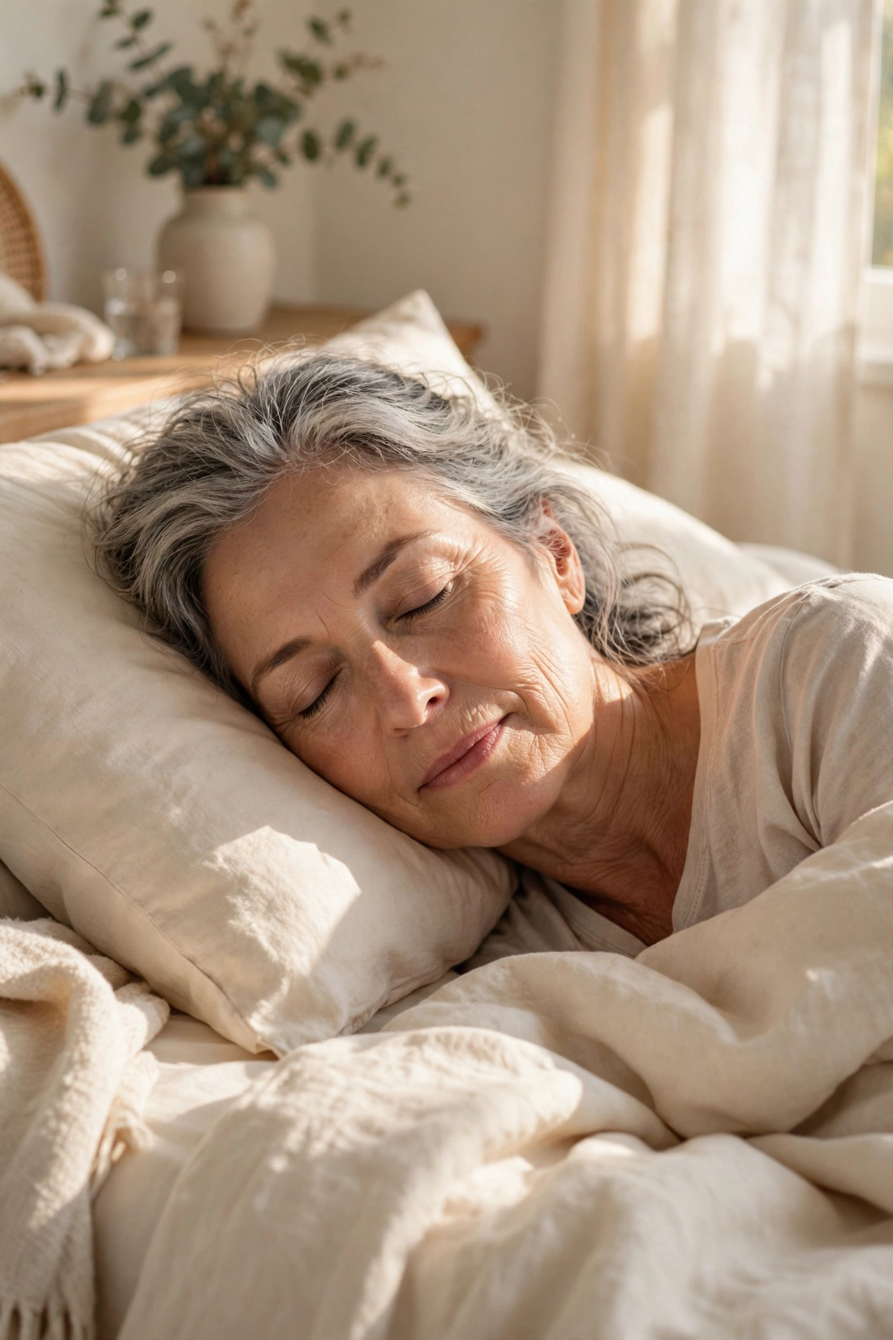 Older woman sleeping peacefully in sunlit bedding, protecting her rest