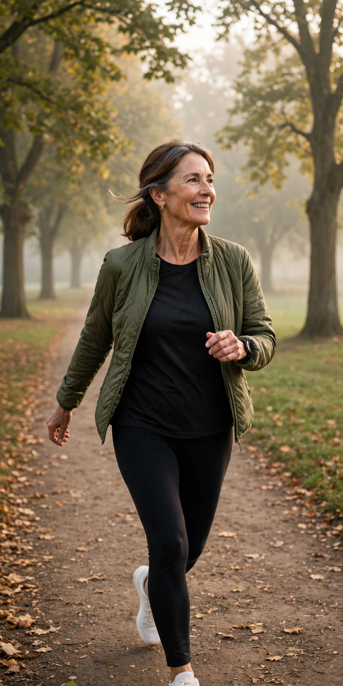Woman in her fifties taking a brisk morning walk on a park path