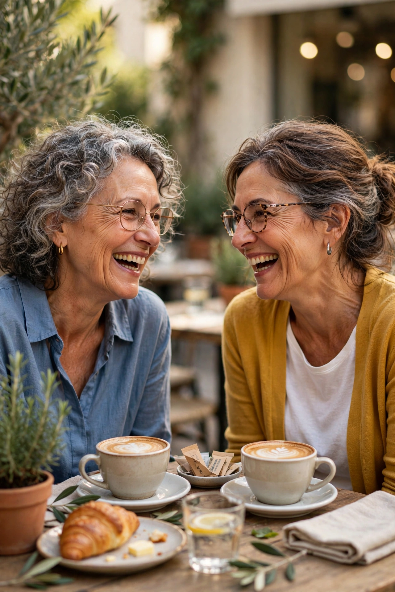 Two women friends in their sixties laughing over coffee at a sunny cafe