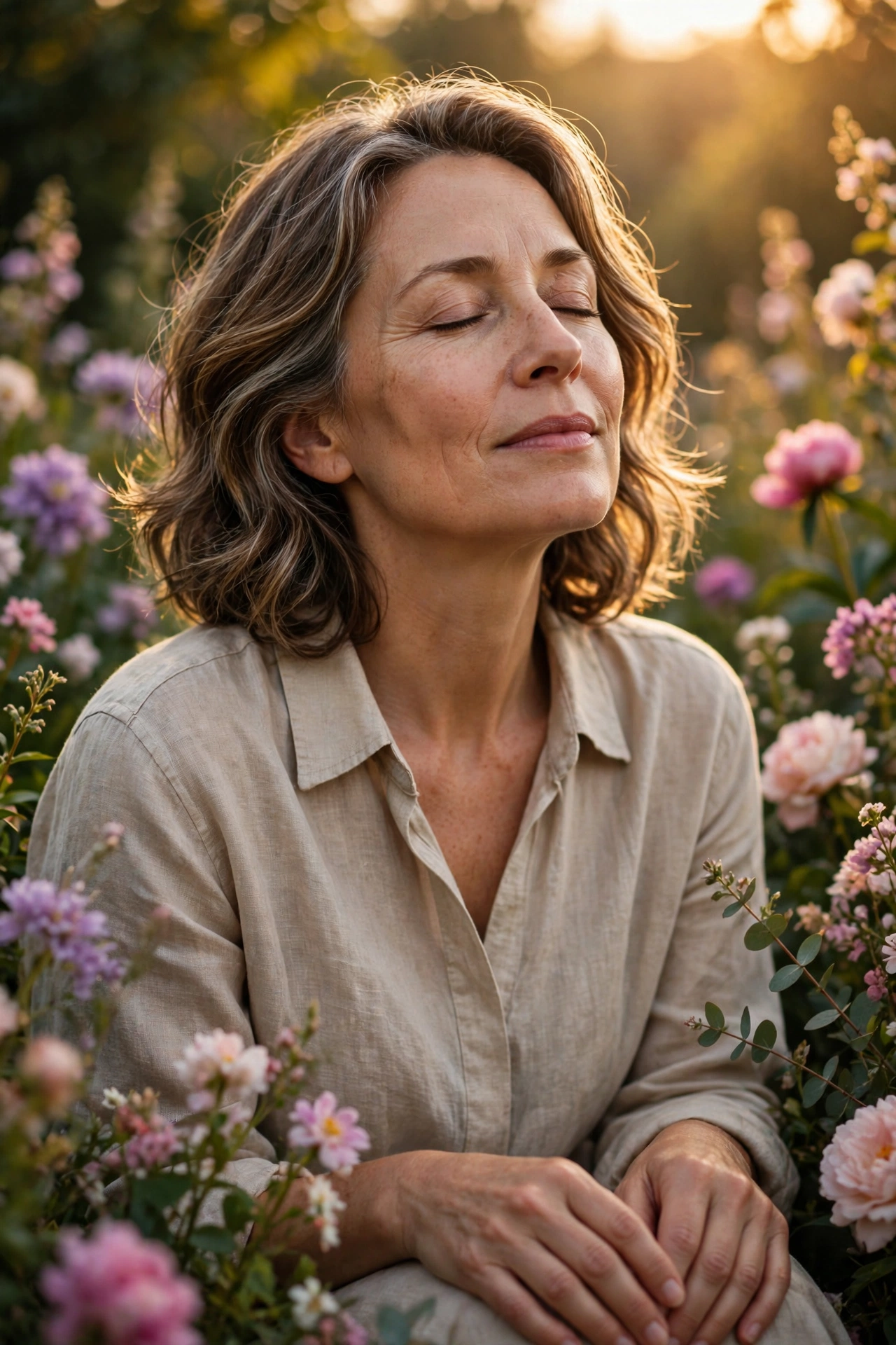 Woman in her fifties breathing deeply among garden flowers, letting go of pressure