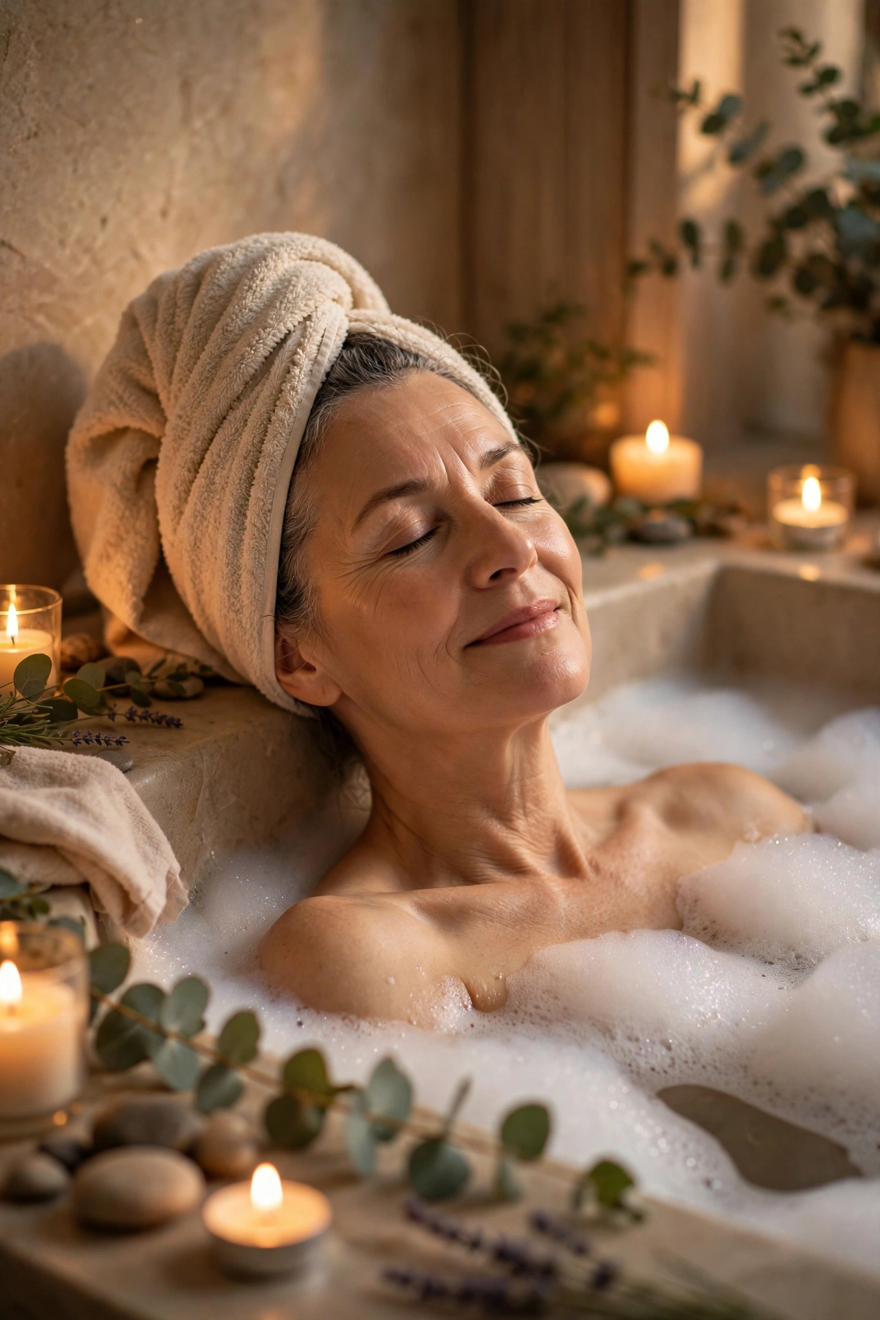 Older woman resting in a candlelit bubble bath, taking time to recharge