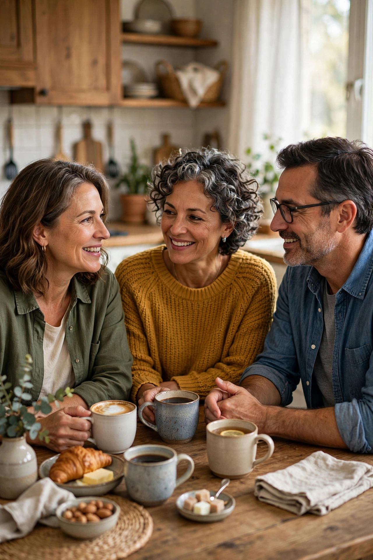 Adult siblings talking over coffee around a kitchen table, planning parent care