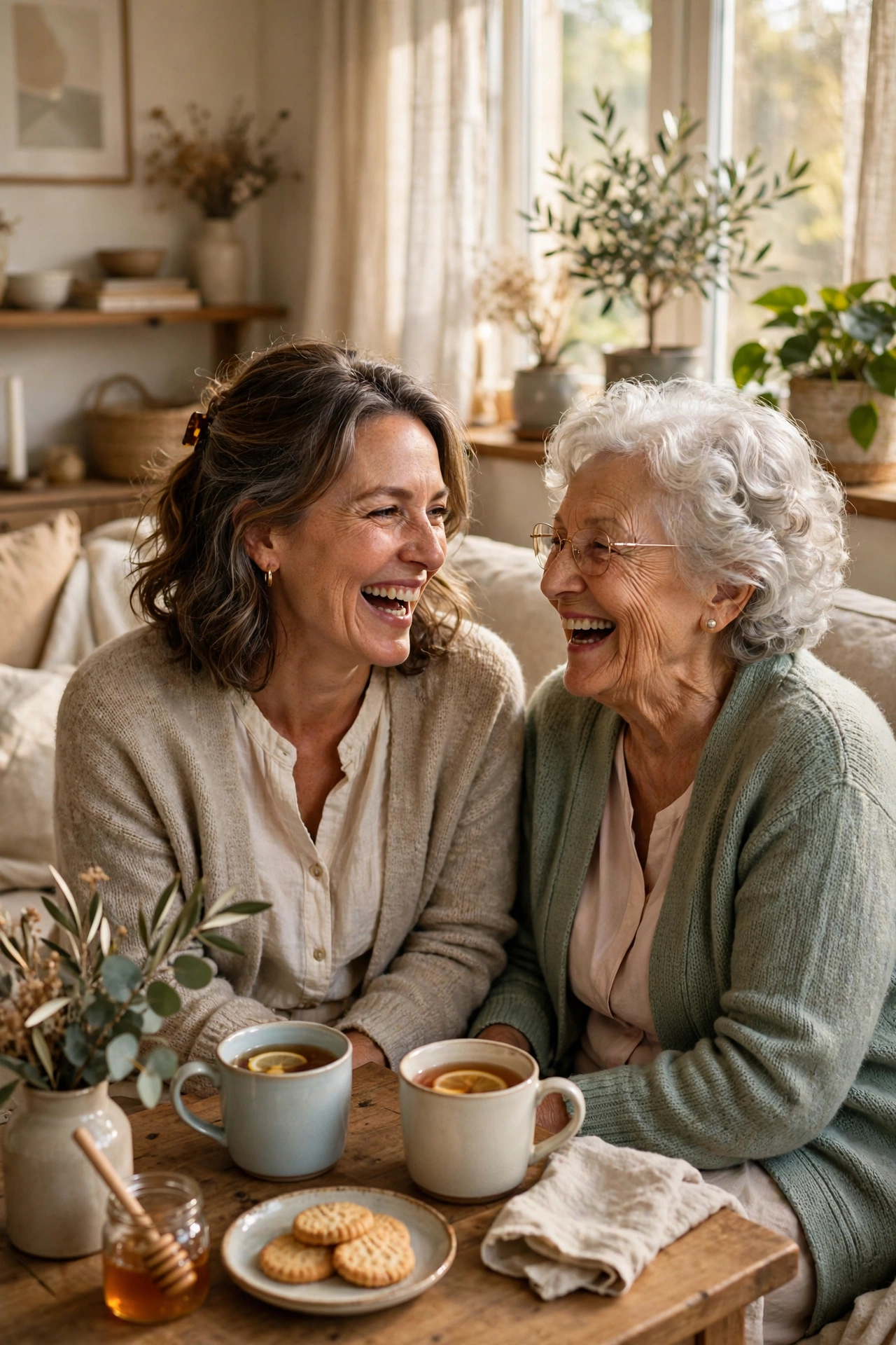 Daughter in her fifties laughing with her elderly mother over tea at home