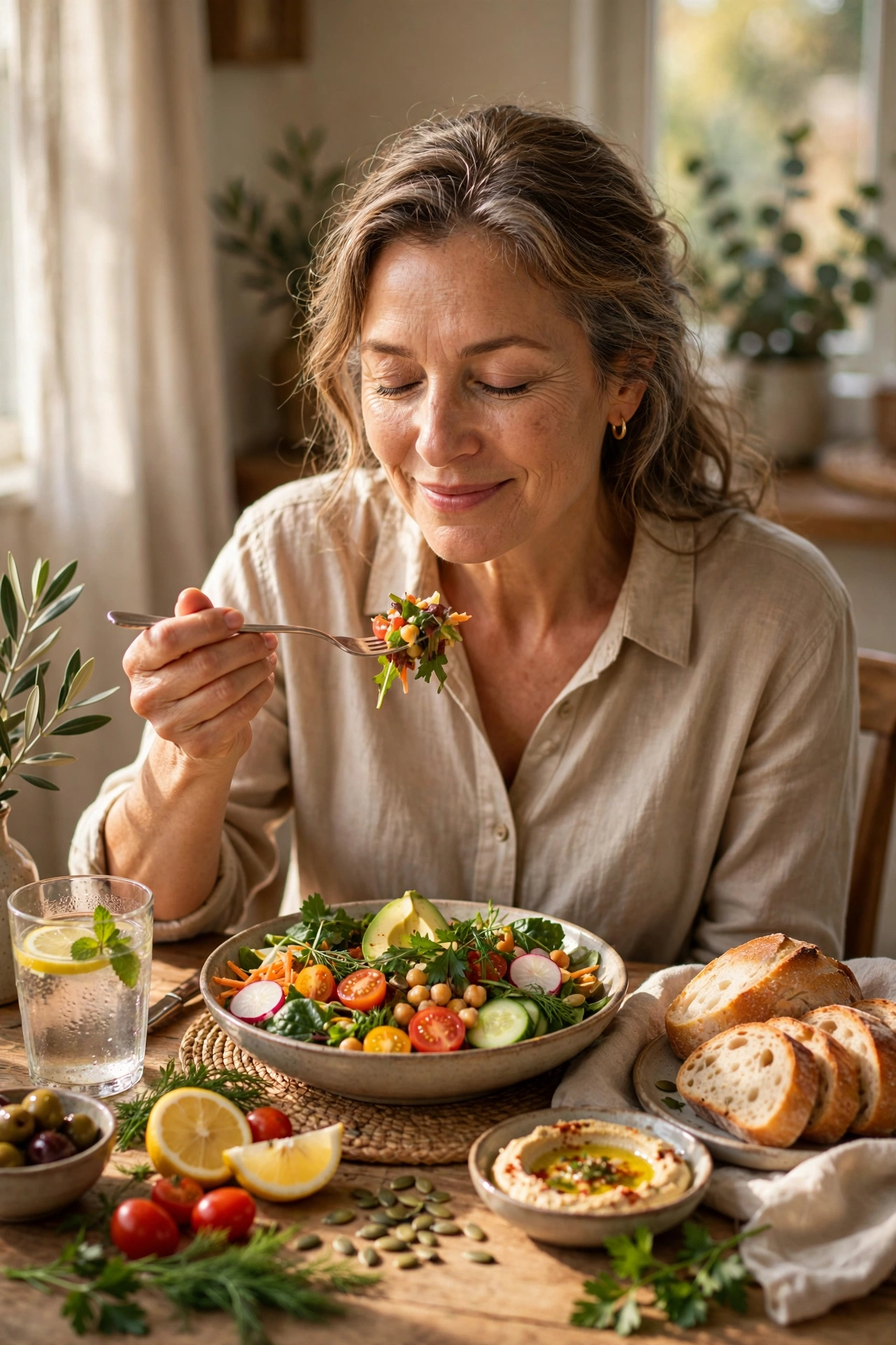 Woman in her fifties enjoying a colorful nourishing meal alone at a sunny table