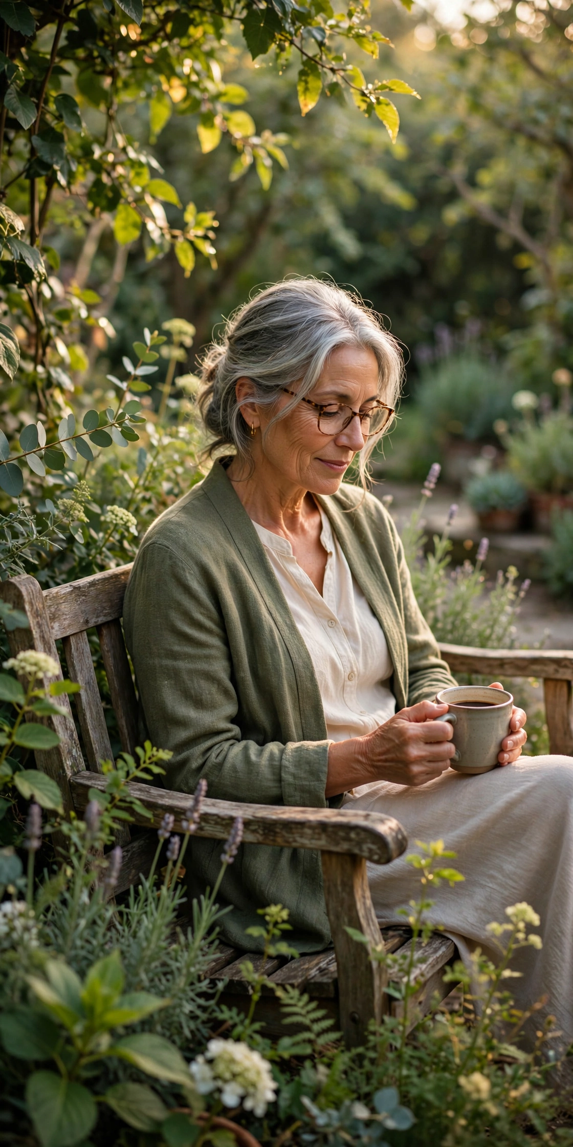 Woman in her sixties enjoying quiet coffee alone on a leafy garden bench