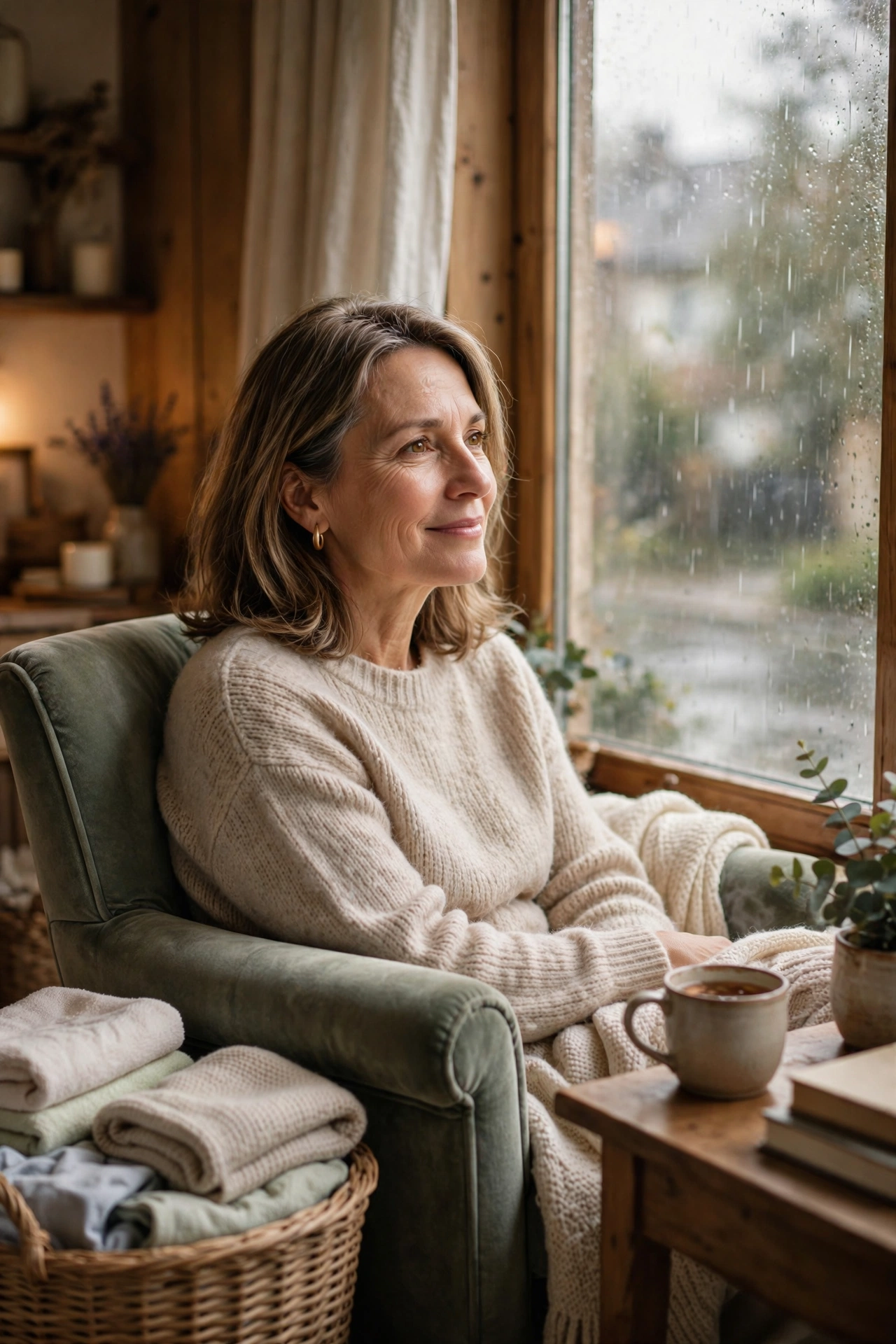 Woman gazing peacefully out a rainy window, accepting an imperfect day