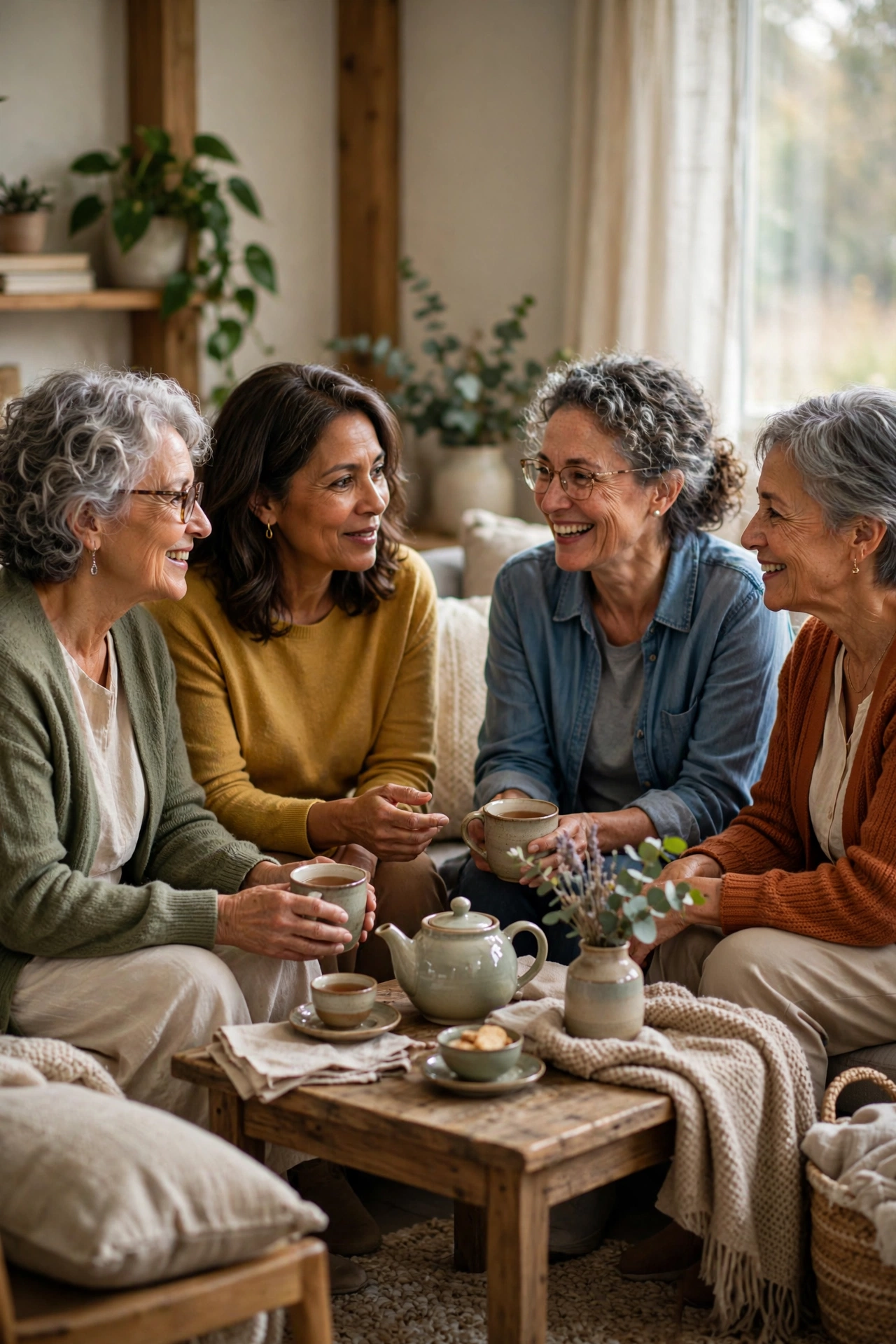 Circle of women friends sharing tea and supportive conversation in a cozy room