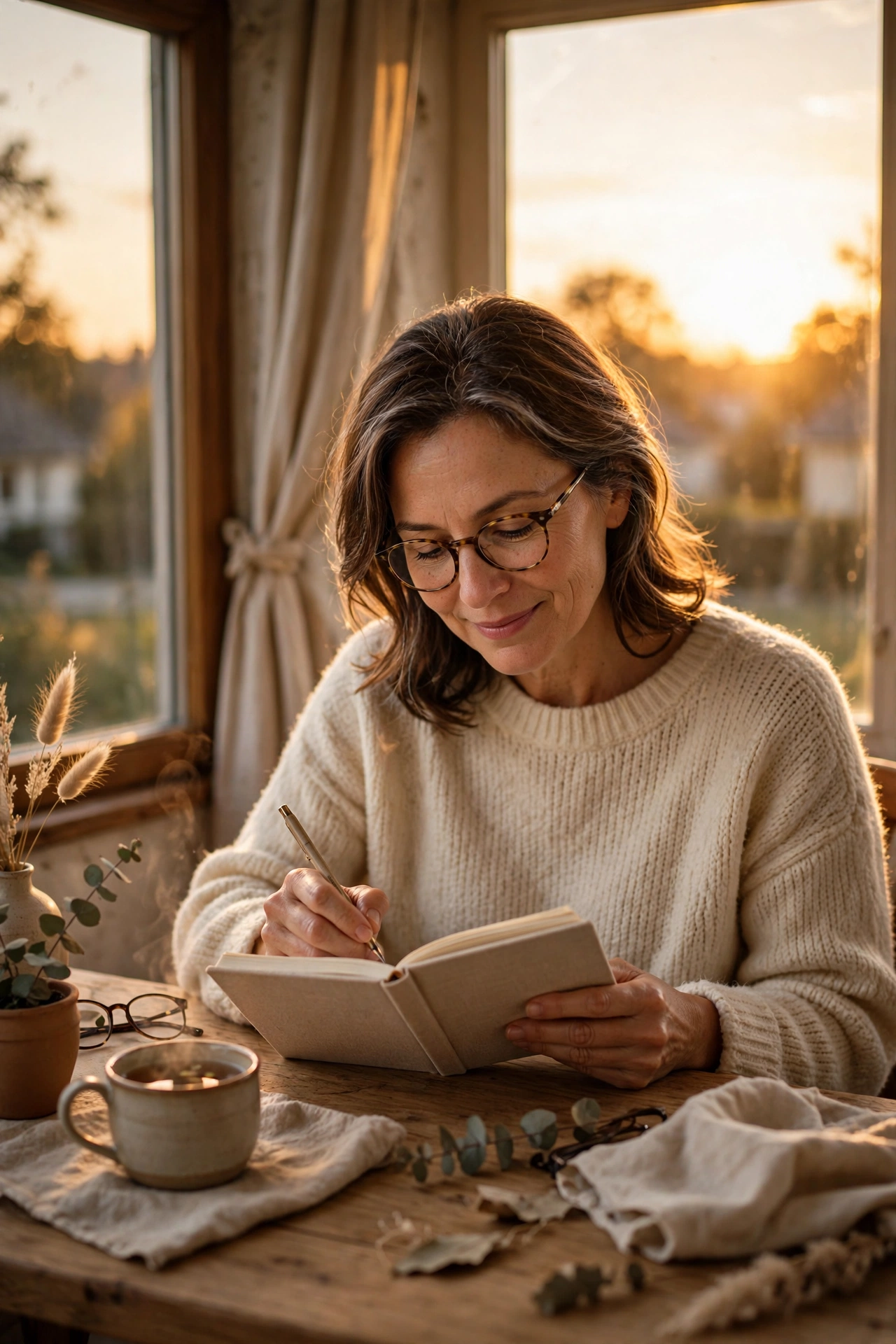 Woman writing in a gratitude journal at golden sunset by the window