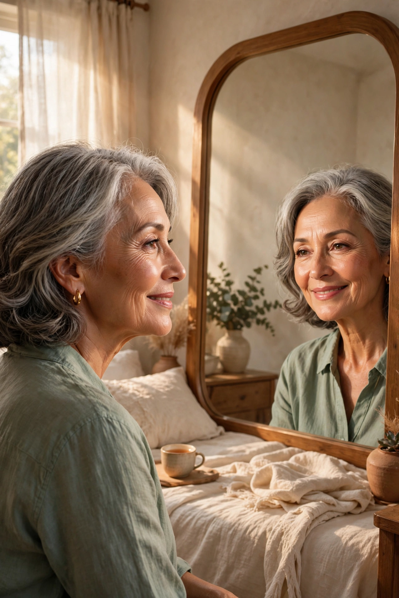 Confident woman in her sixties smiling at her reflection in a bedroom mirror