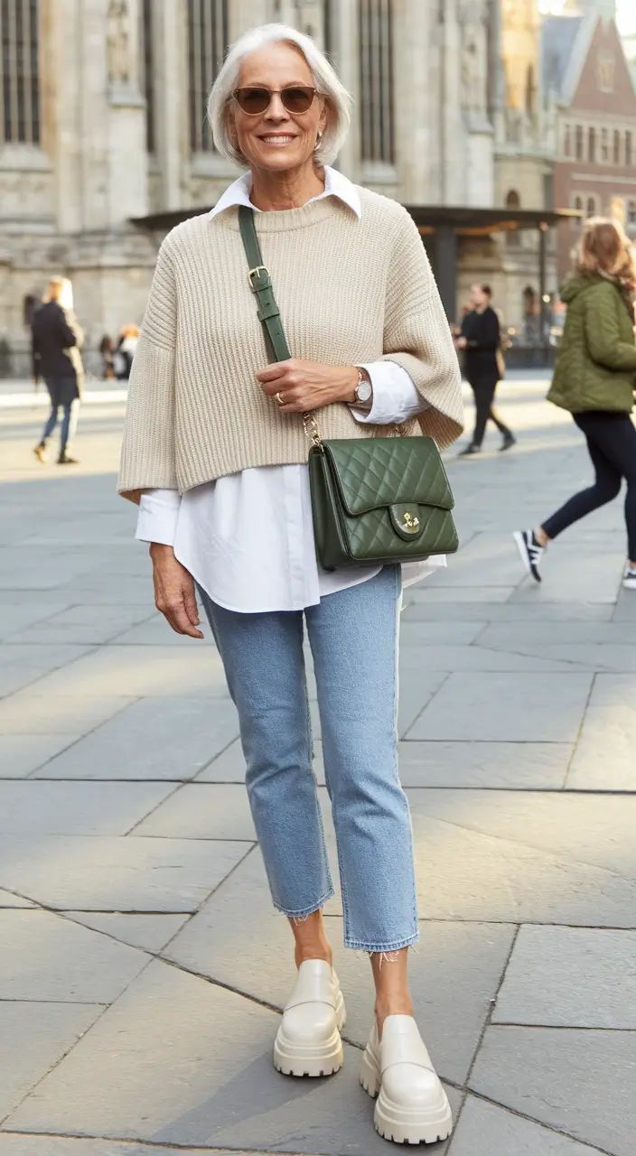 Woman over 60 wearing barrel jeans with fitted knit and loafers