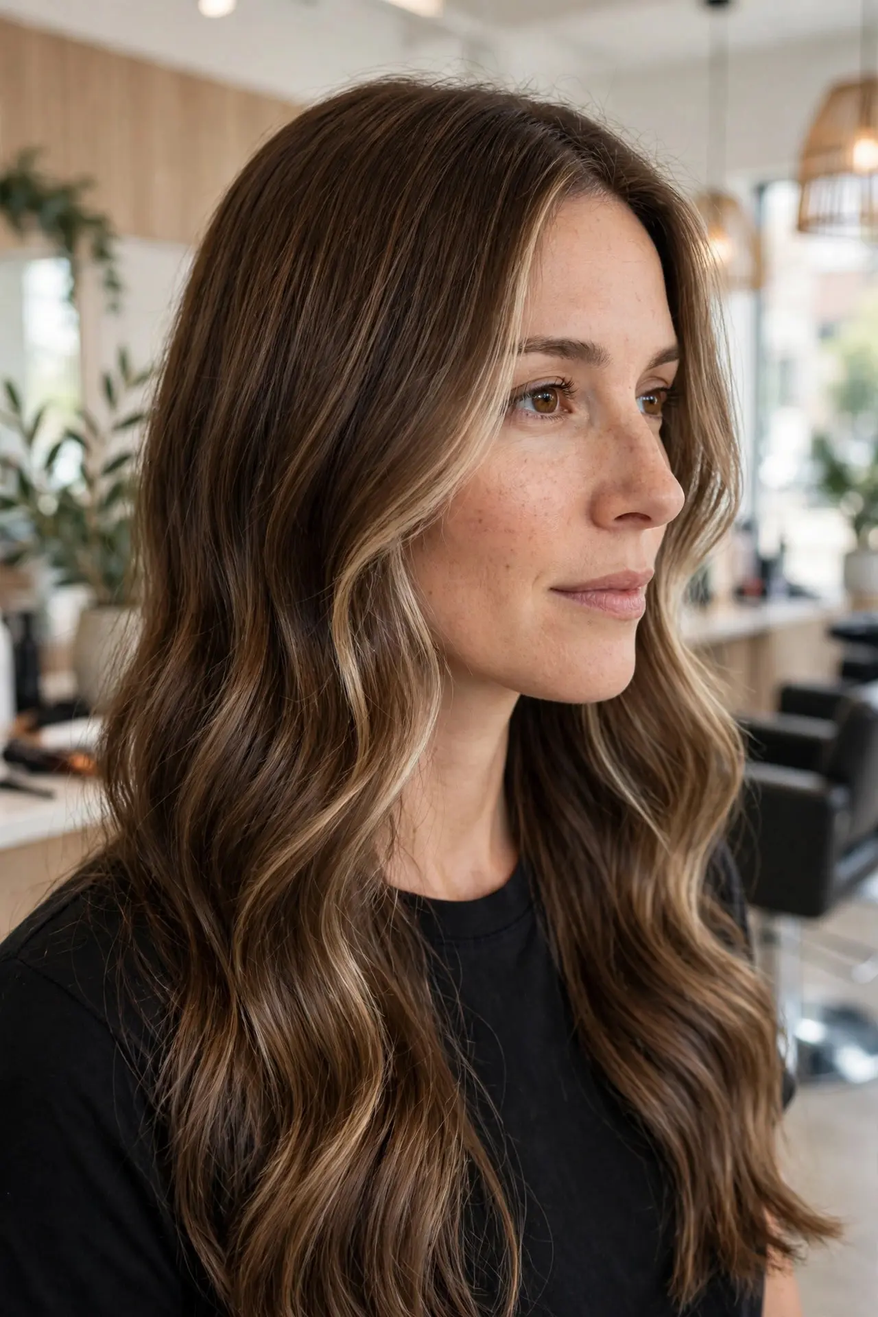 Subtle face-framing balayage on long wavy medium-brown hair, soft blonde pieces brightening the strands around the face