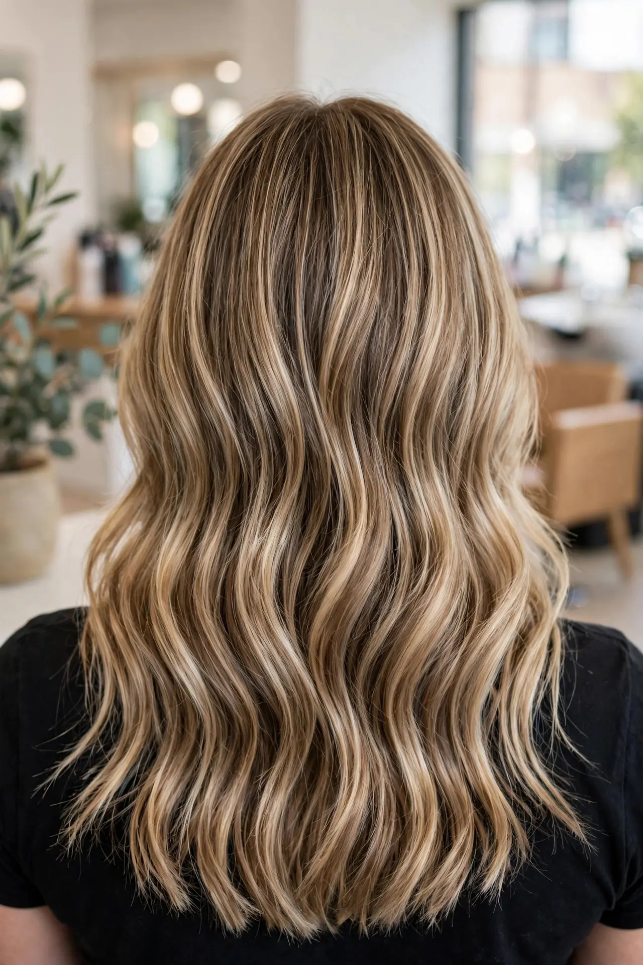 Bronde balayage blend from the back, light brown and dark blonde tones melted evenly together in soft waves