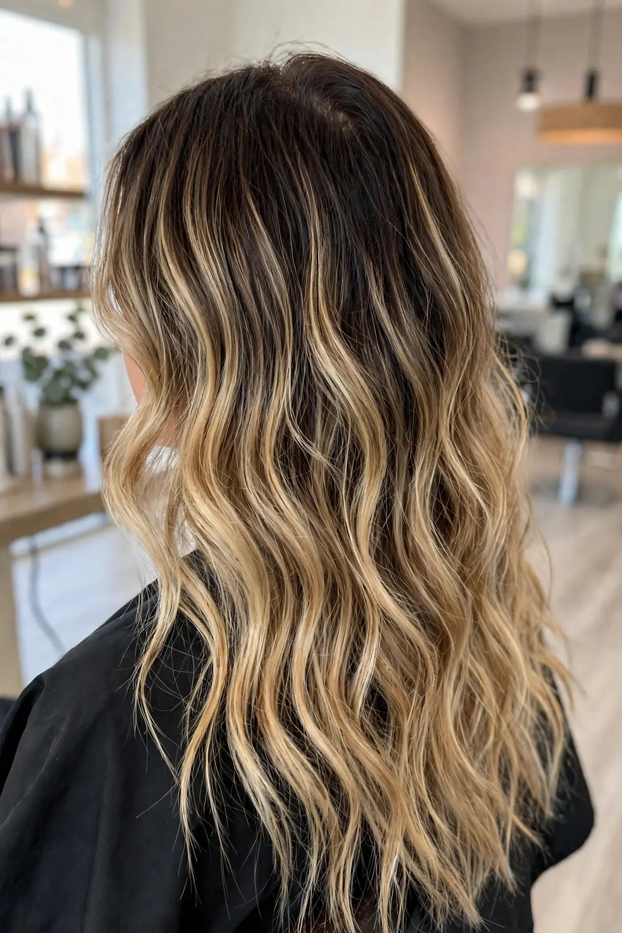 Balayage with dark roots from the back, deep untouched brown roots giving way to blonde mid-lengths and ends