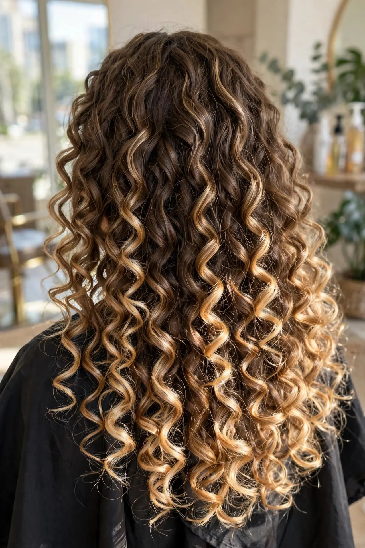 Balayage highlights on curly hair, defined spiral curls with honey blonde ribbons woven through a brown base
