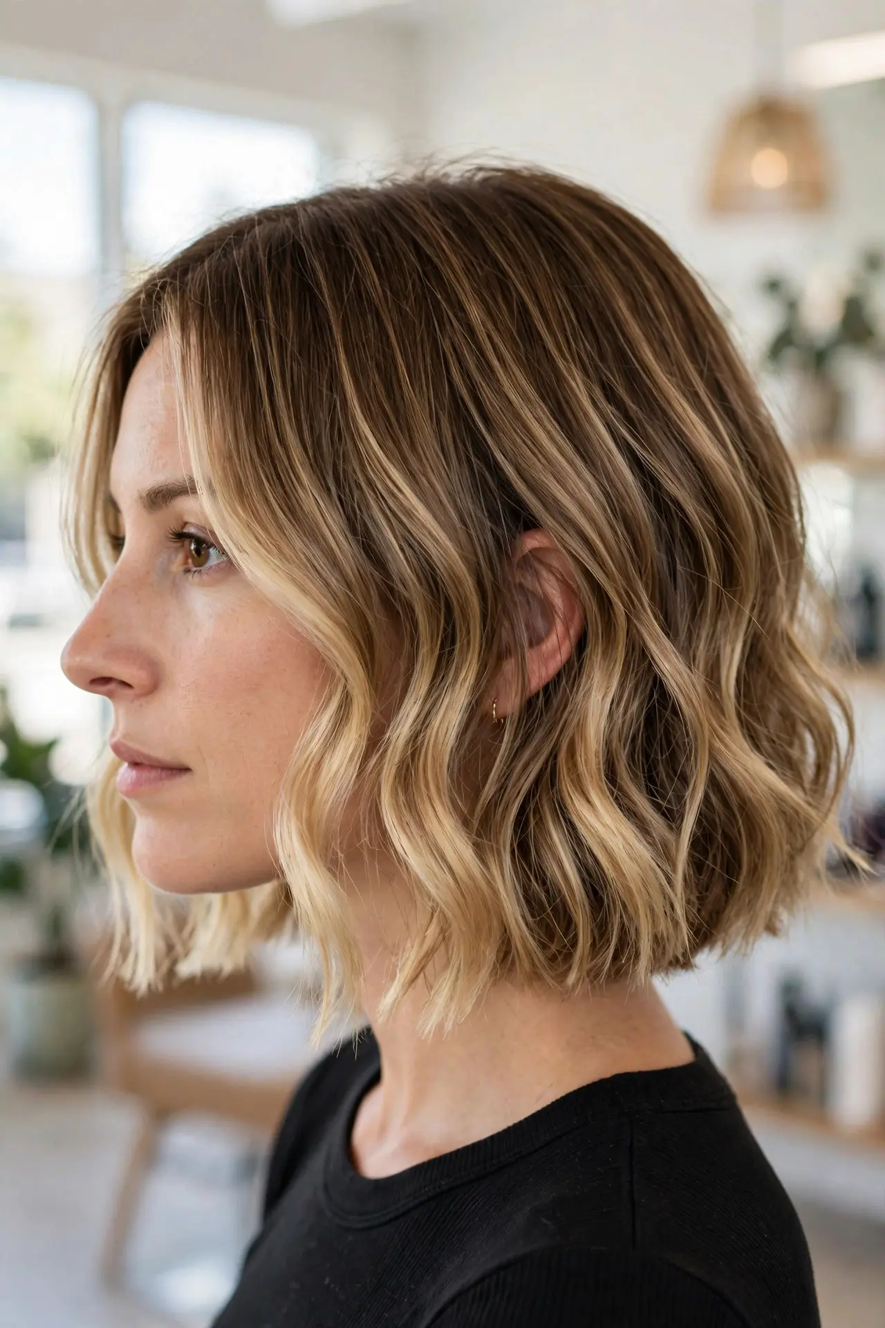 Balayage for short hair, a chin-length wavy bob with blonde brightness around the face and through the ends