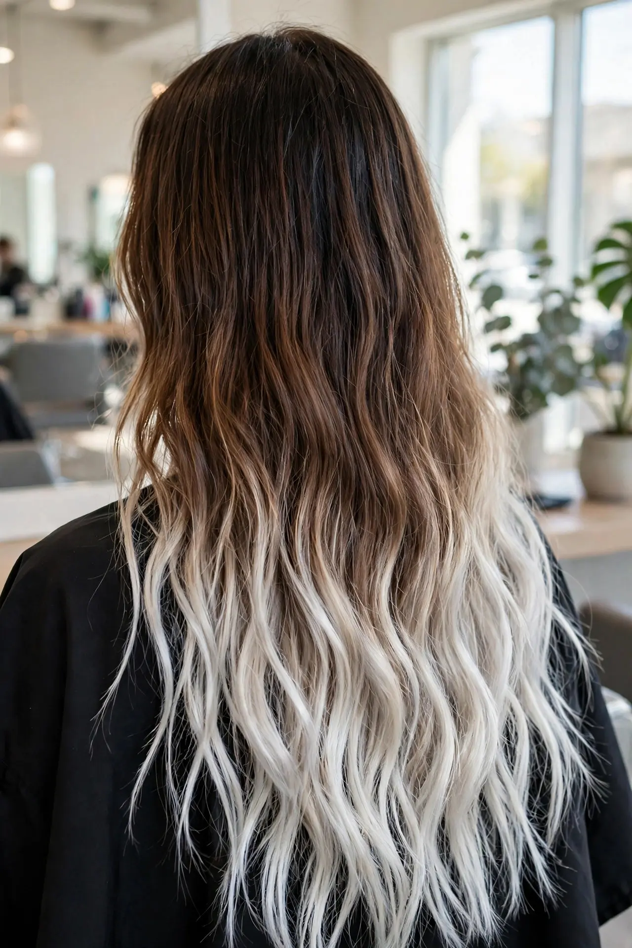 Platinum blonde balayage ends from the back, deep brown lengths finishing in icy platinum tips