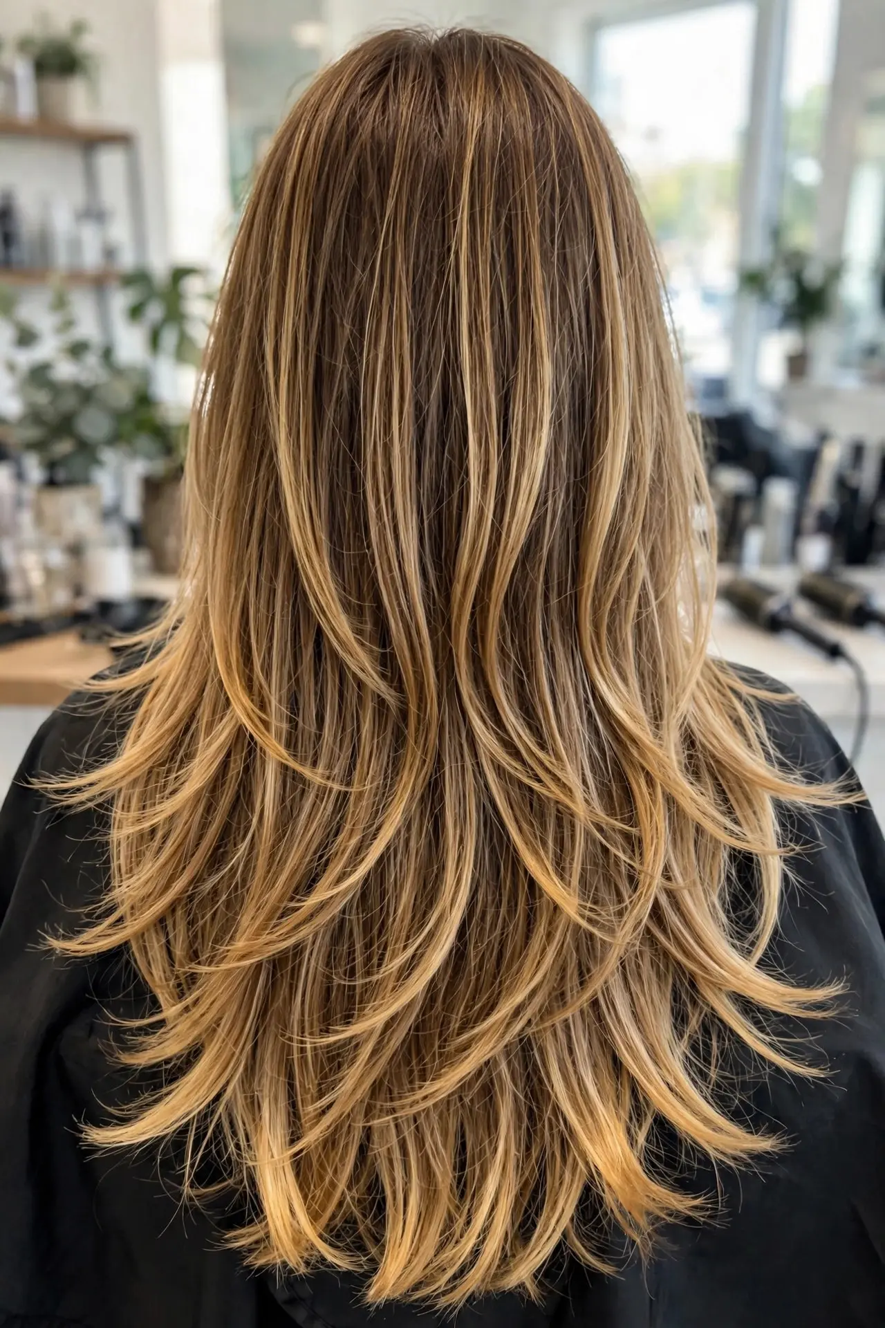 Balayage with highlighted layers from the back, long layers each tipping into golden blonde at their ends