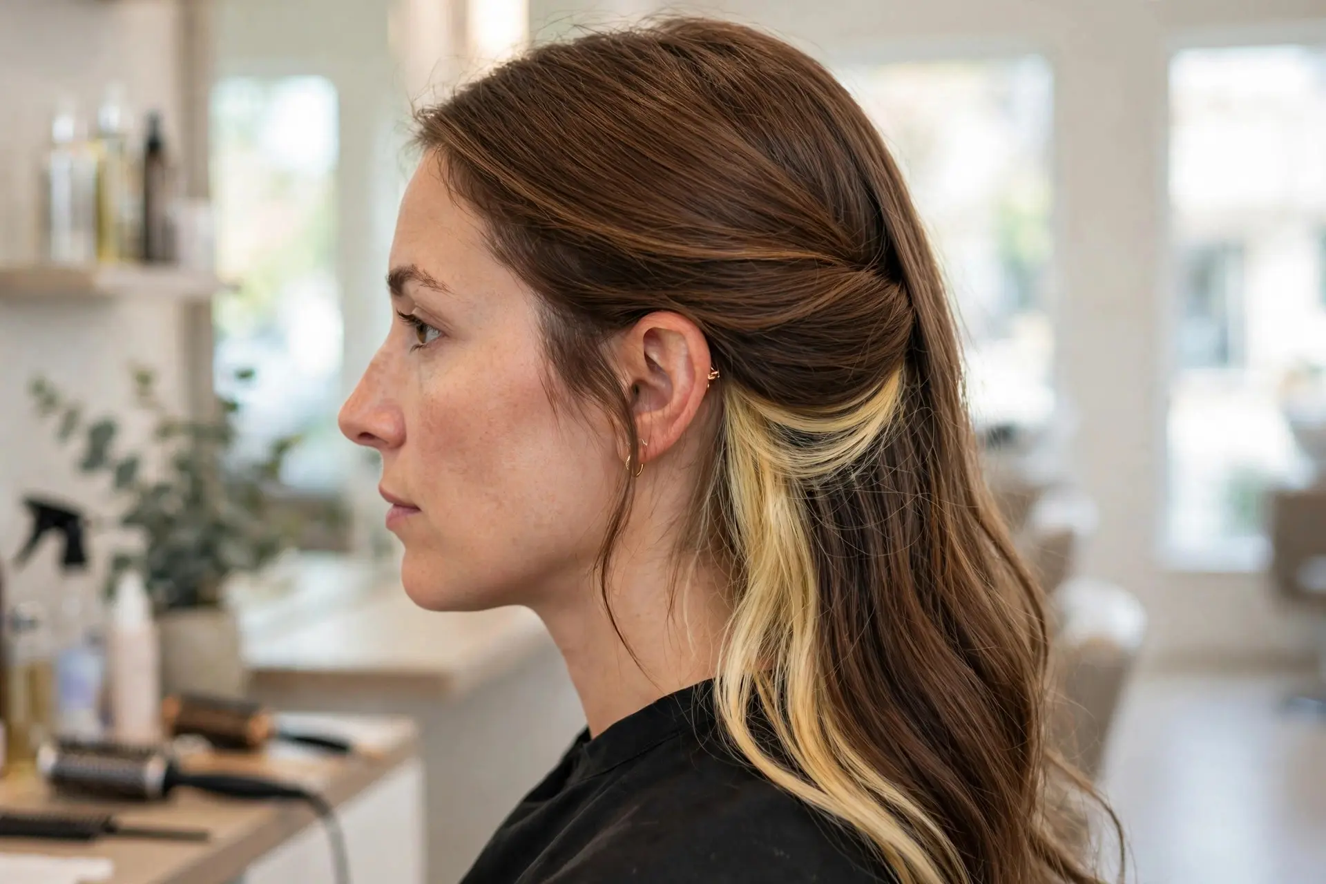 Peekaboo balayage highlights in side view, a bright blonde underlayer revealed beneath a natural brown top layer