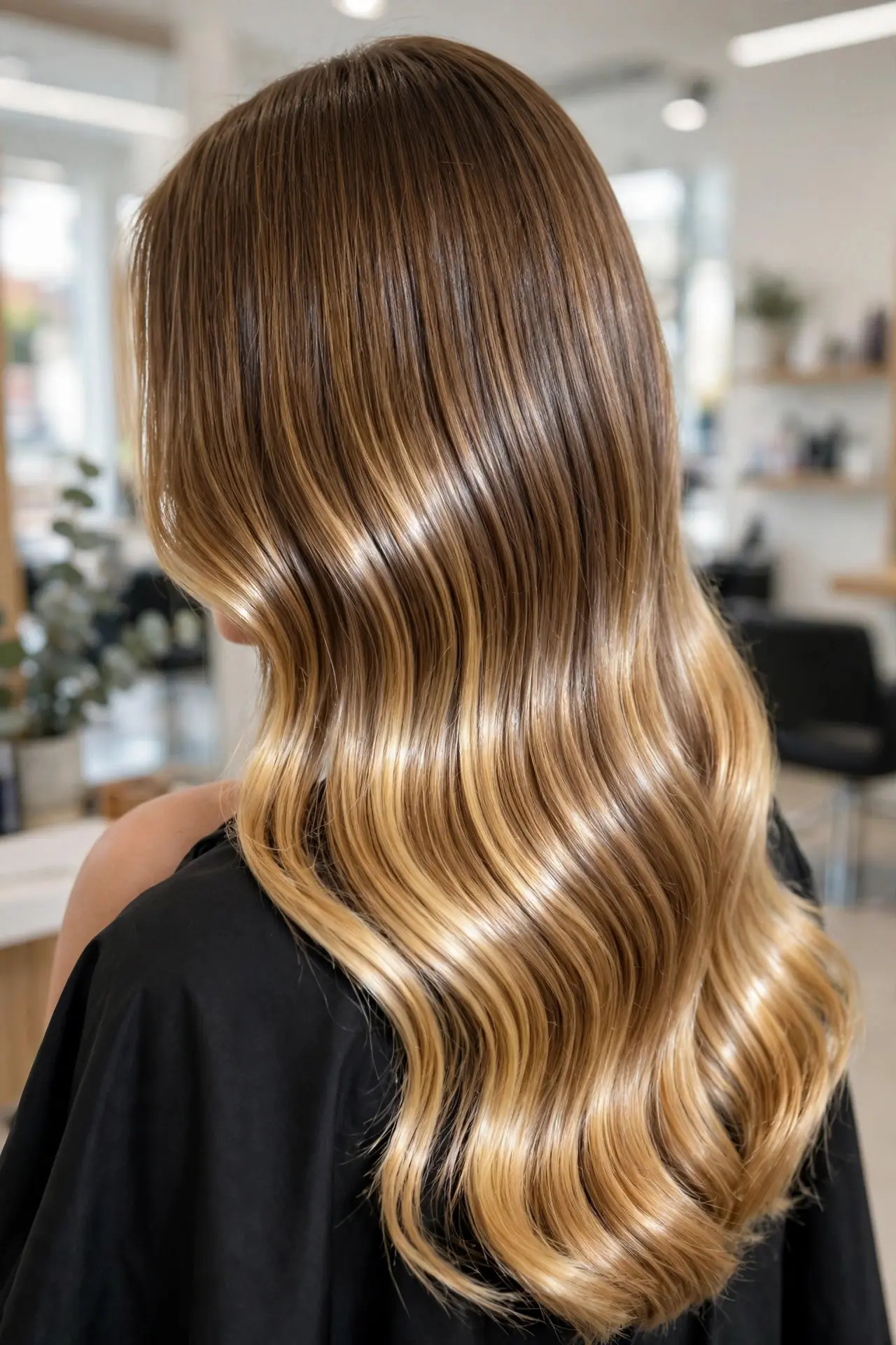 Balayage with a glossy finish from the back, mirror-shine waves melting from brown into luminous golden blonde