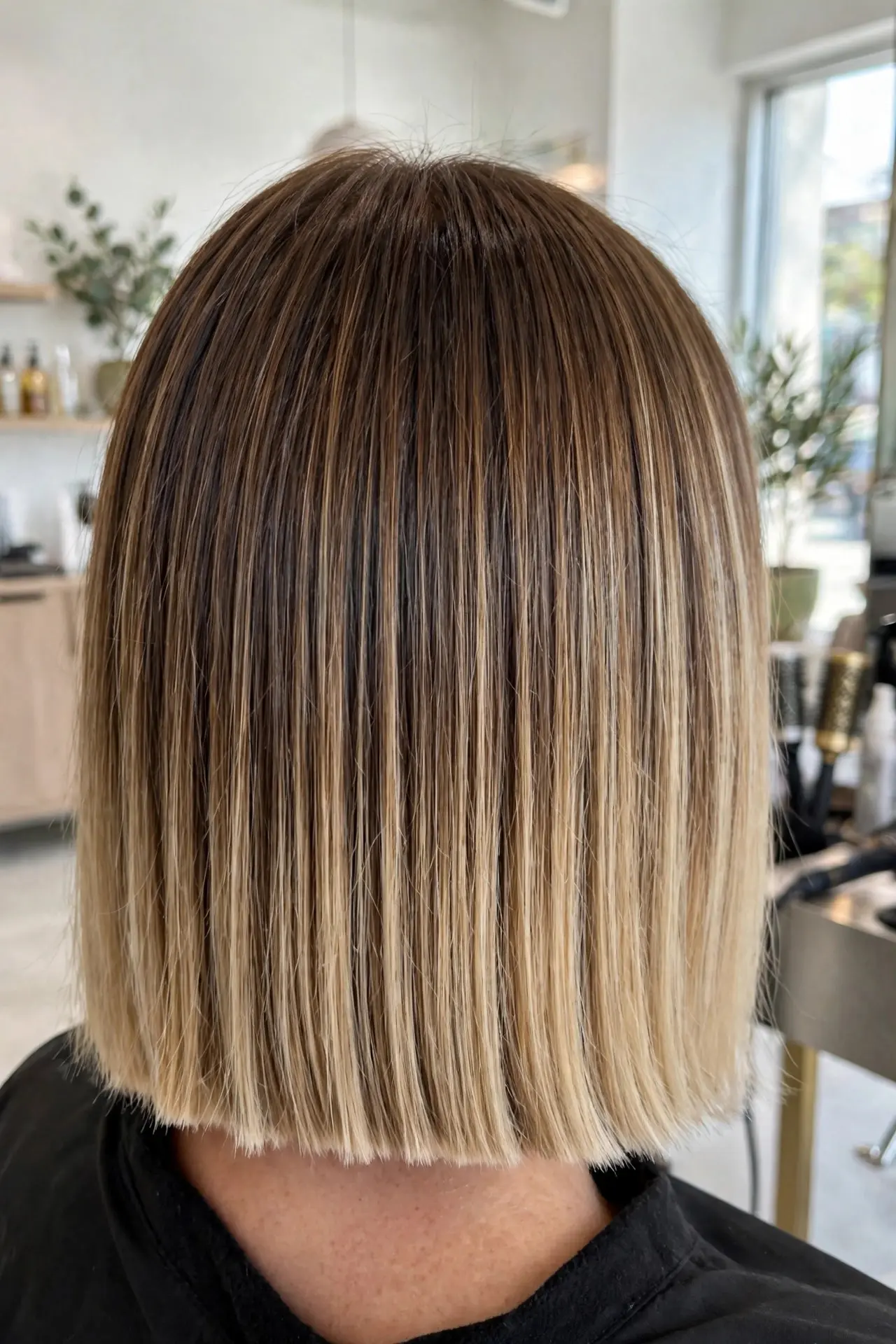 Balayage paired with a blunt cut, a sleek one-length bob with a crisp straight hemline and blonde-tipped ends