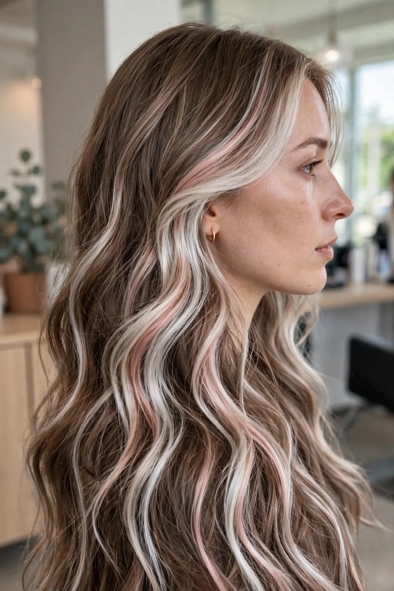 Balayage with pastel blonde accents in side view, silvery pale blonde strands with a soft blush pastel tint on brown hair