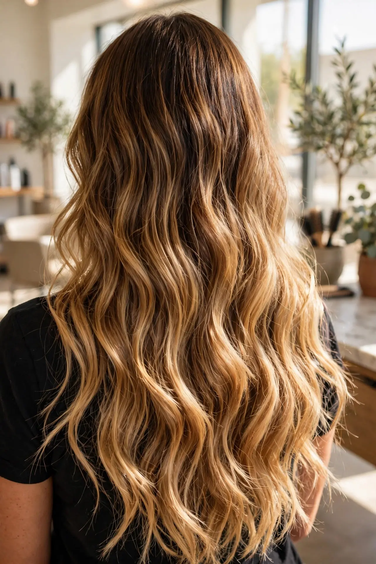 Sun-kissed balayage from the back, warm brown roots melting into golden honey blonde waves for warm skin tones