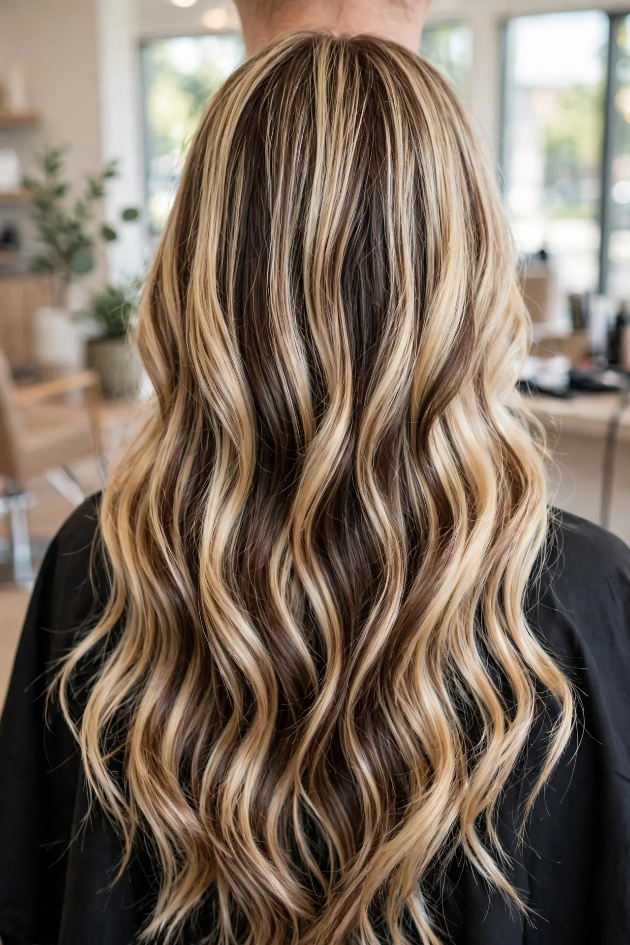 Reverse balayage for dimension from the back, rich brown lowlight panels woven through a blonde base