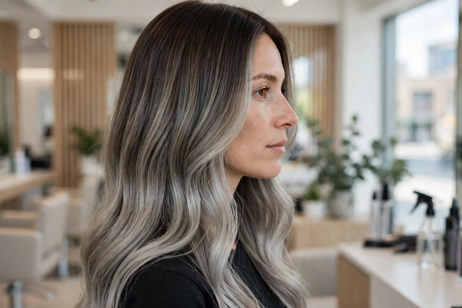 Cool-toned ash blonde balayage in side view, deep brown roots blended into smoky silver-blonde lengths