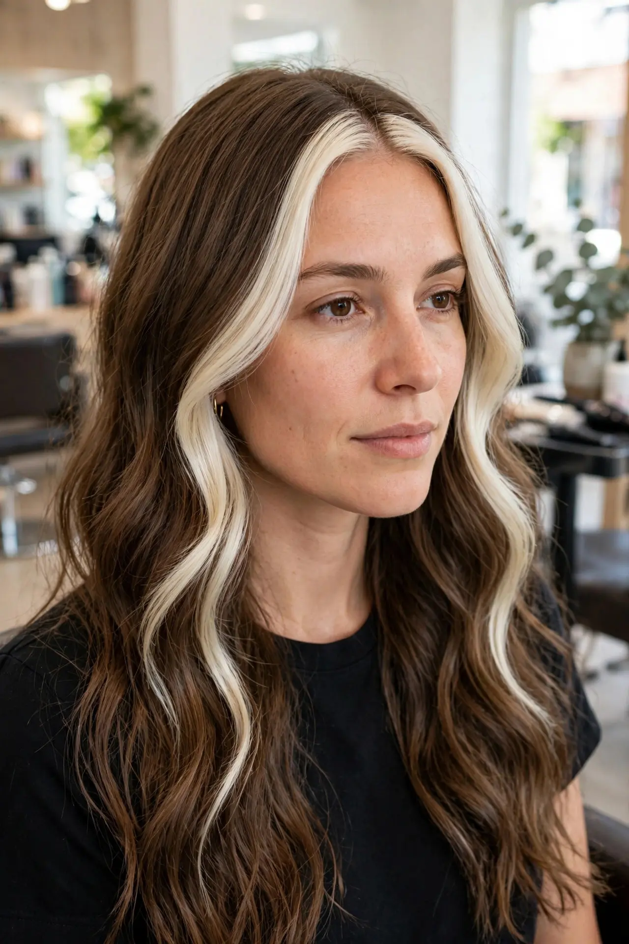 Money piece balayage on long brown hair, two bold platinum blonde sections framing the face