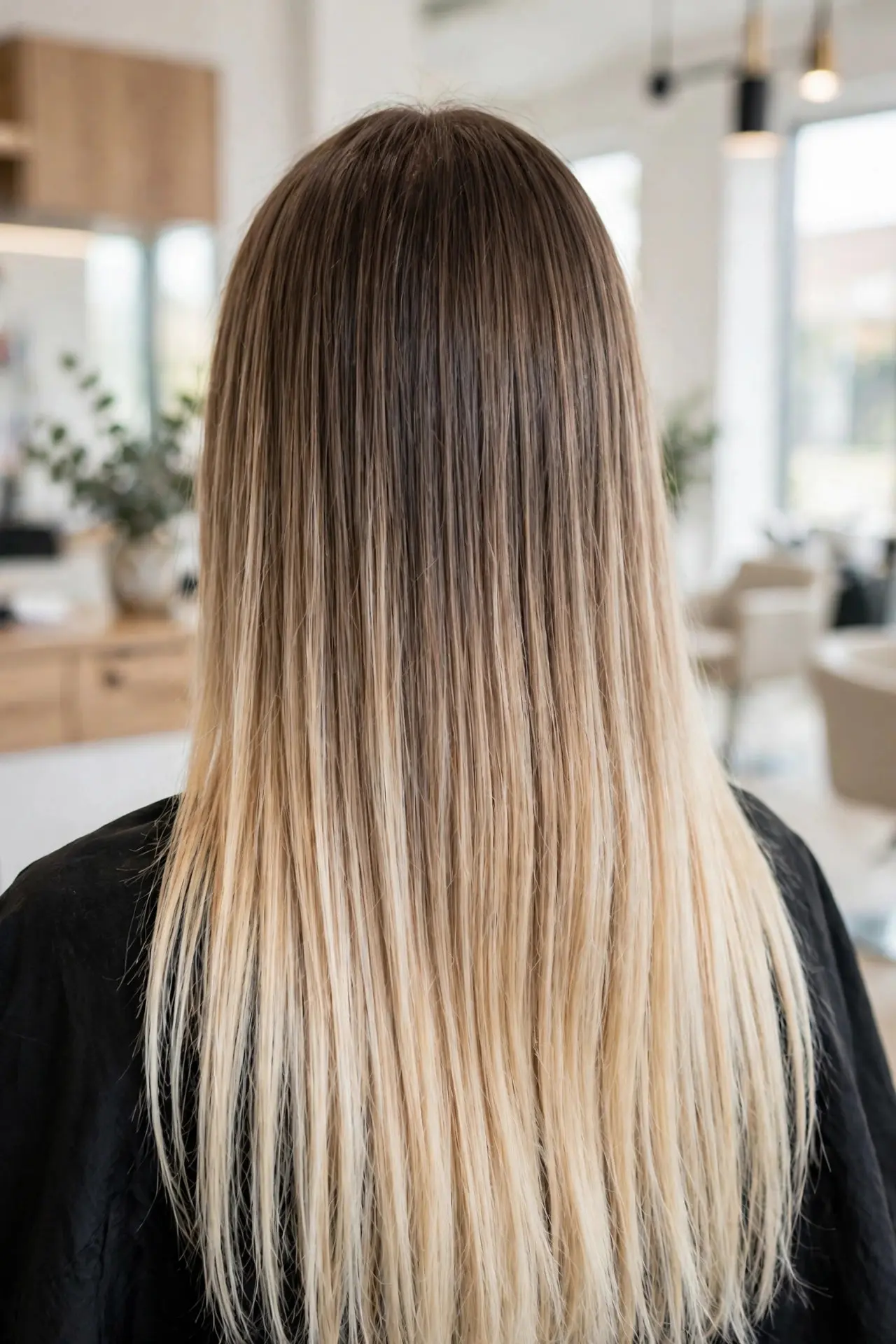 Root smudge balayage from the back, soft shadowy brown roots melting seamlessly into bright blonde ends on straight hair