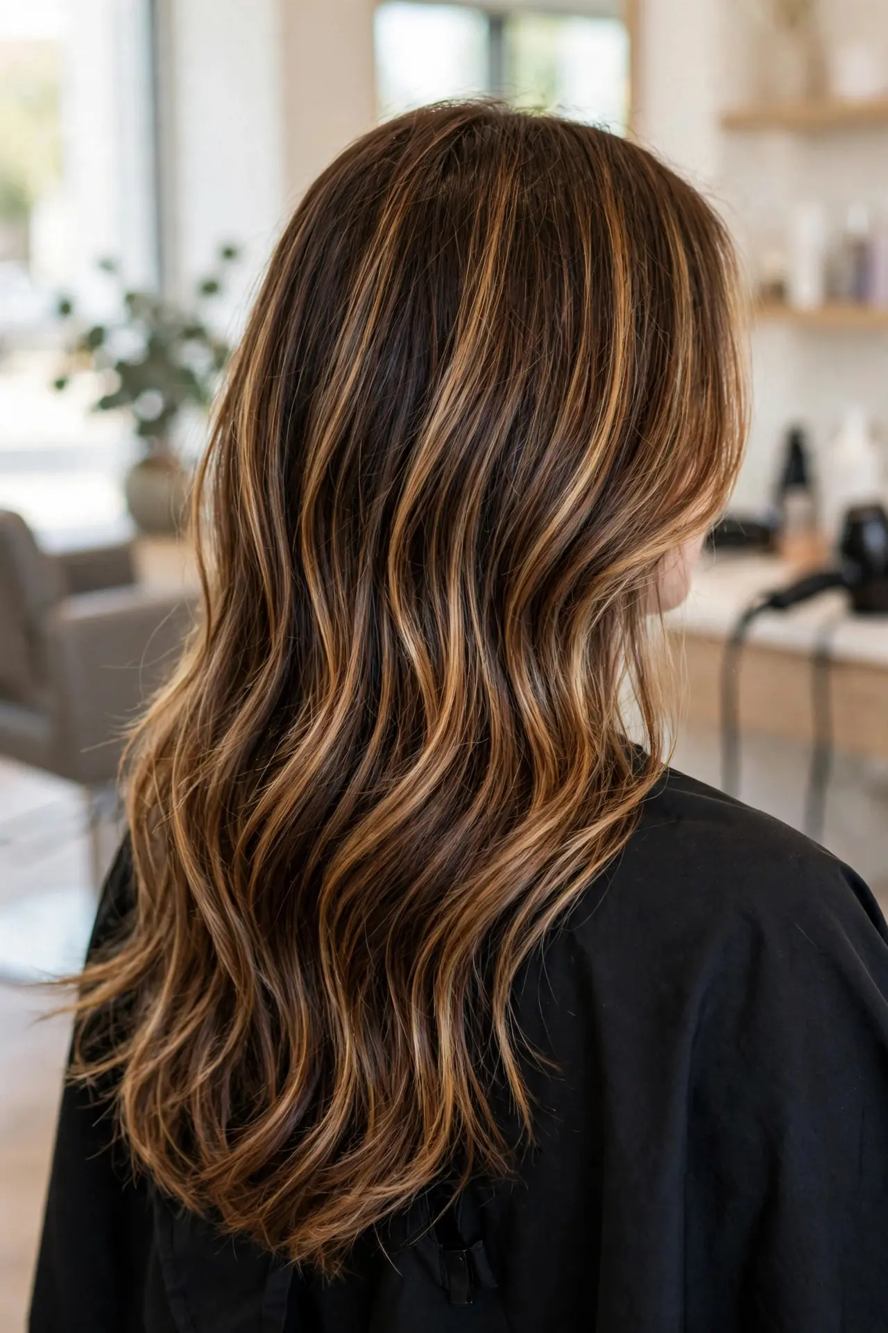 Soft caramel balayage from the back, warm caramel and honey ribbons woven through a chocolate brown base