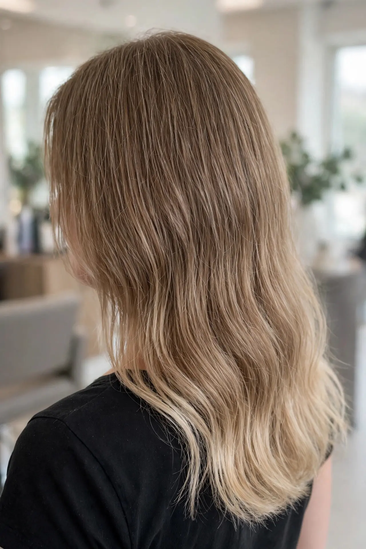 Babylights blended into balayage, fine delicate pale blonde strands creating a soft natural gradient on light brown hair