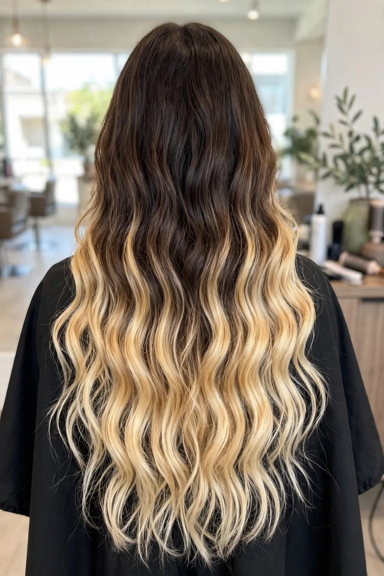 Balayage ombre from the back, dark brown roots transitioning dramatically into bright blonde ends on long wavy hair
